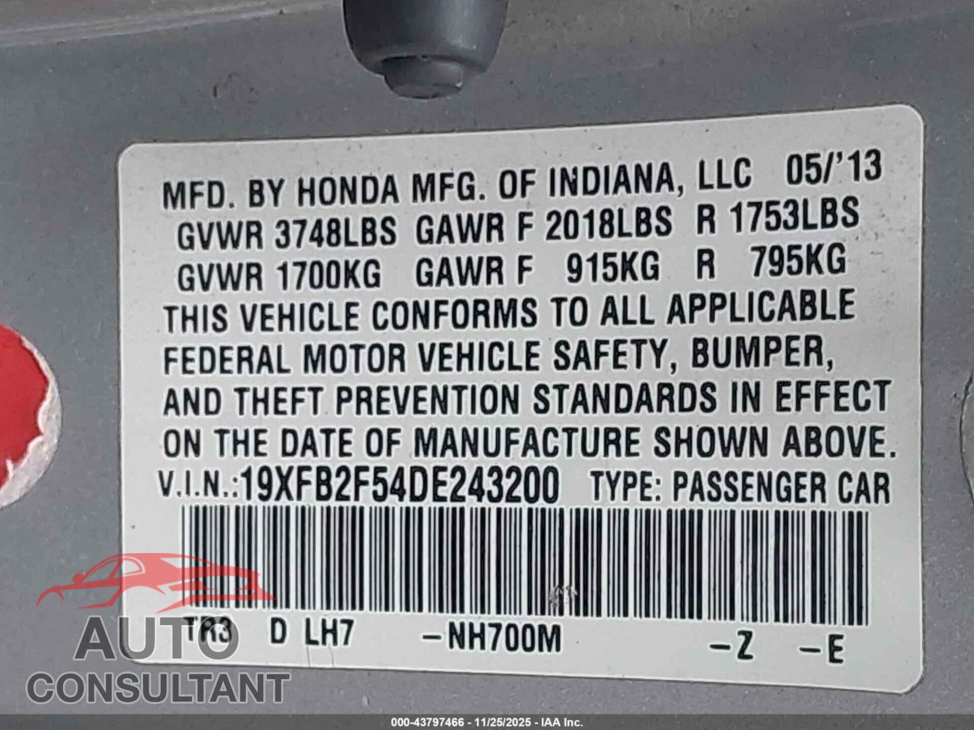 HONDA CIVIC 2013 - 19XFB2F54DE243200