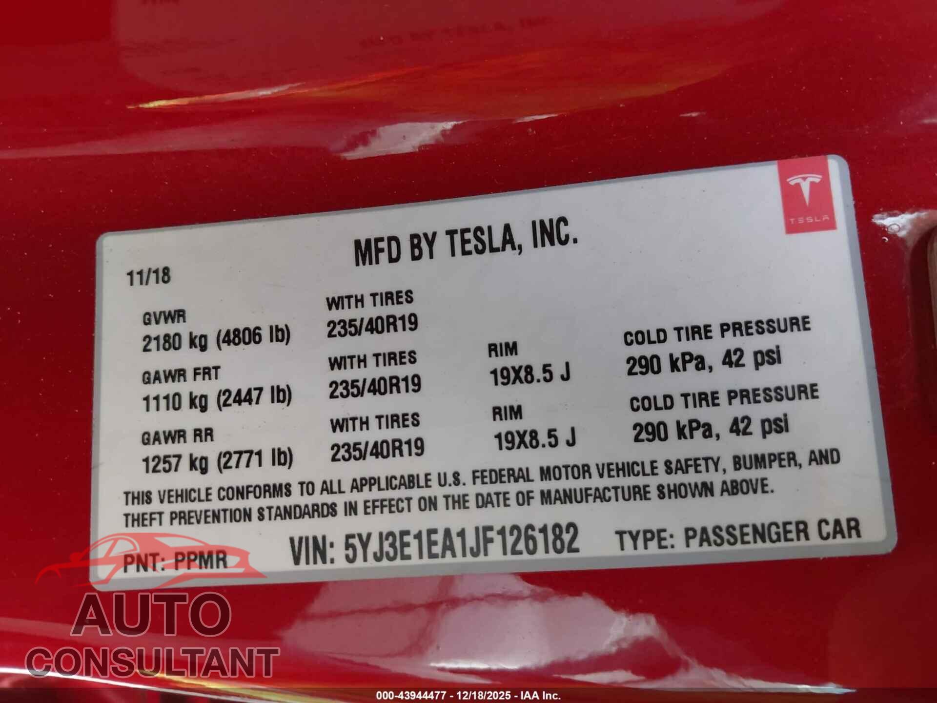 TESLA MODEL 3 2018 - 5YJ3E1EA1JF126182