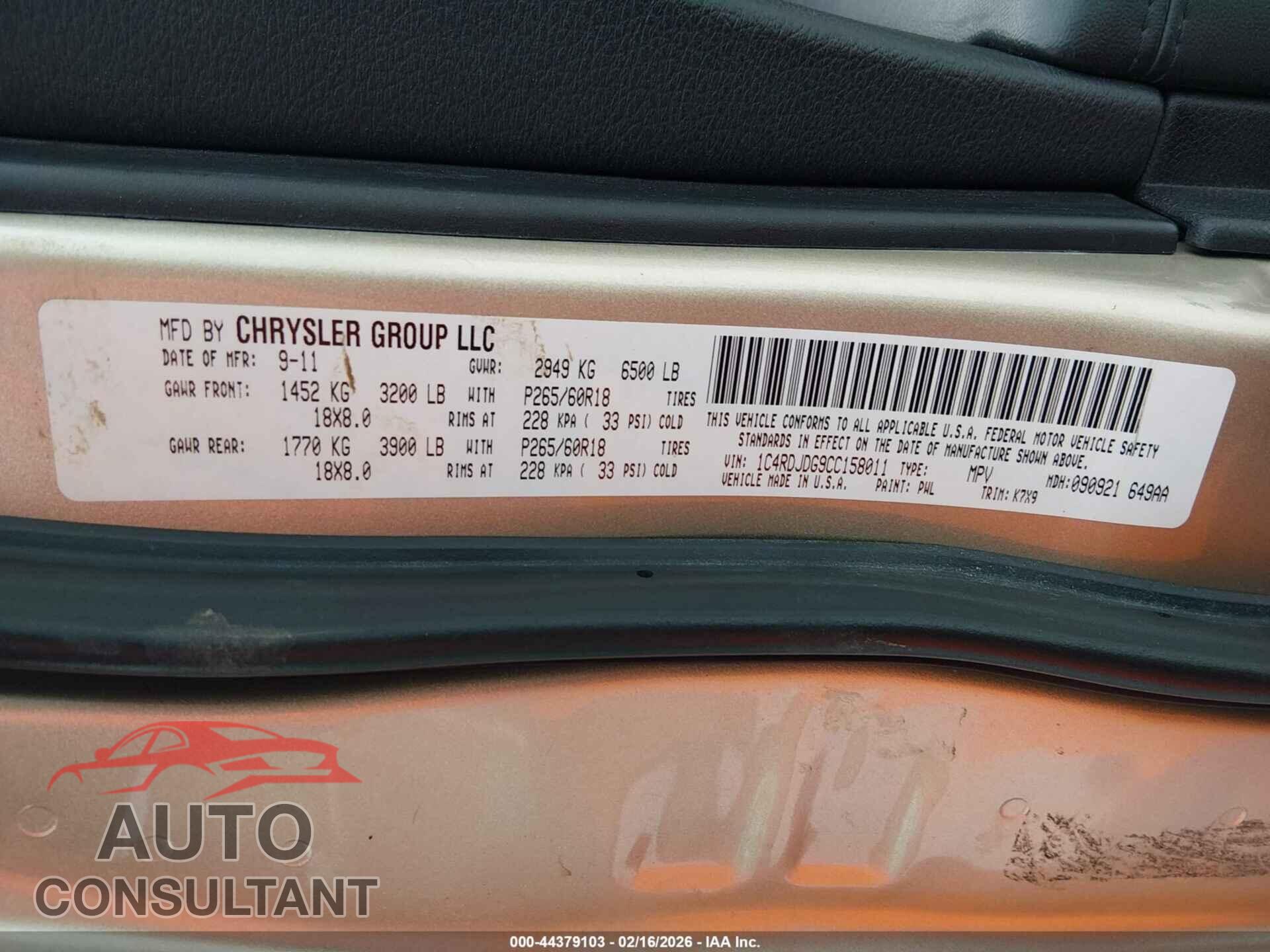 DODGE DURANGO 2012 - 1C4RDJDG9CC158011