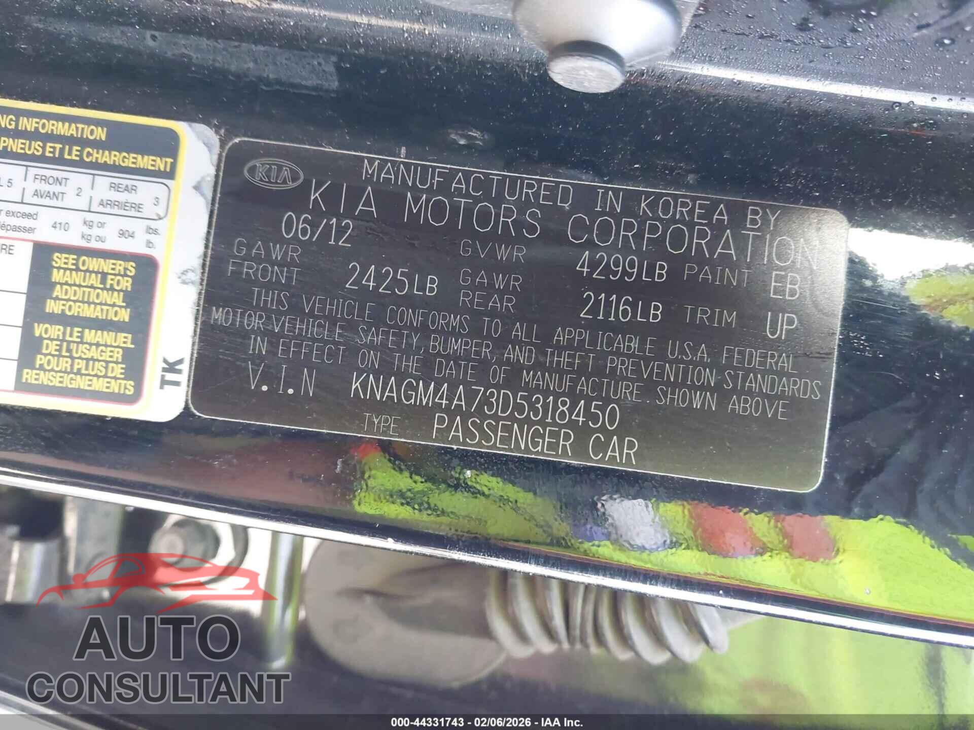 KIA OPTIMA 2013 - KNAGM4A73D5318450