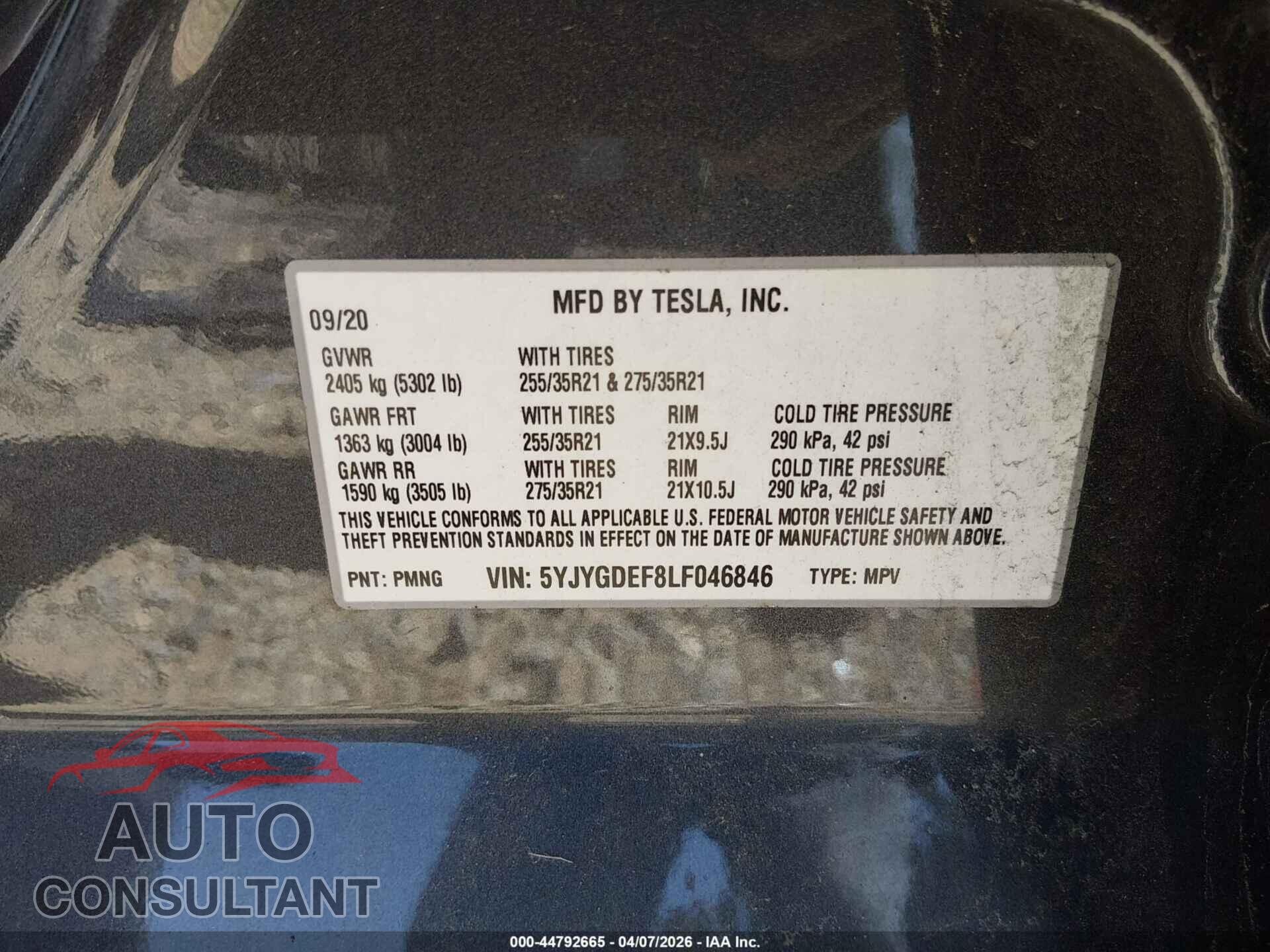 TESLA MODEL Y 2020 - 5YJYGDEF8LF046846