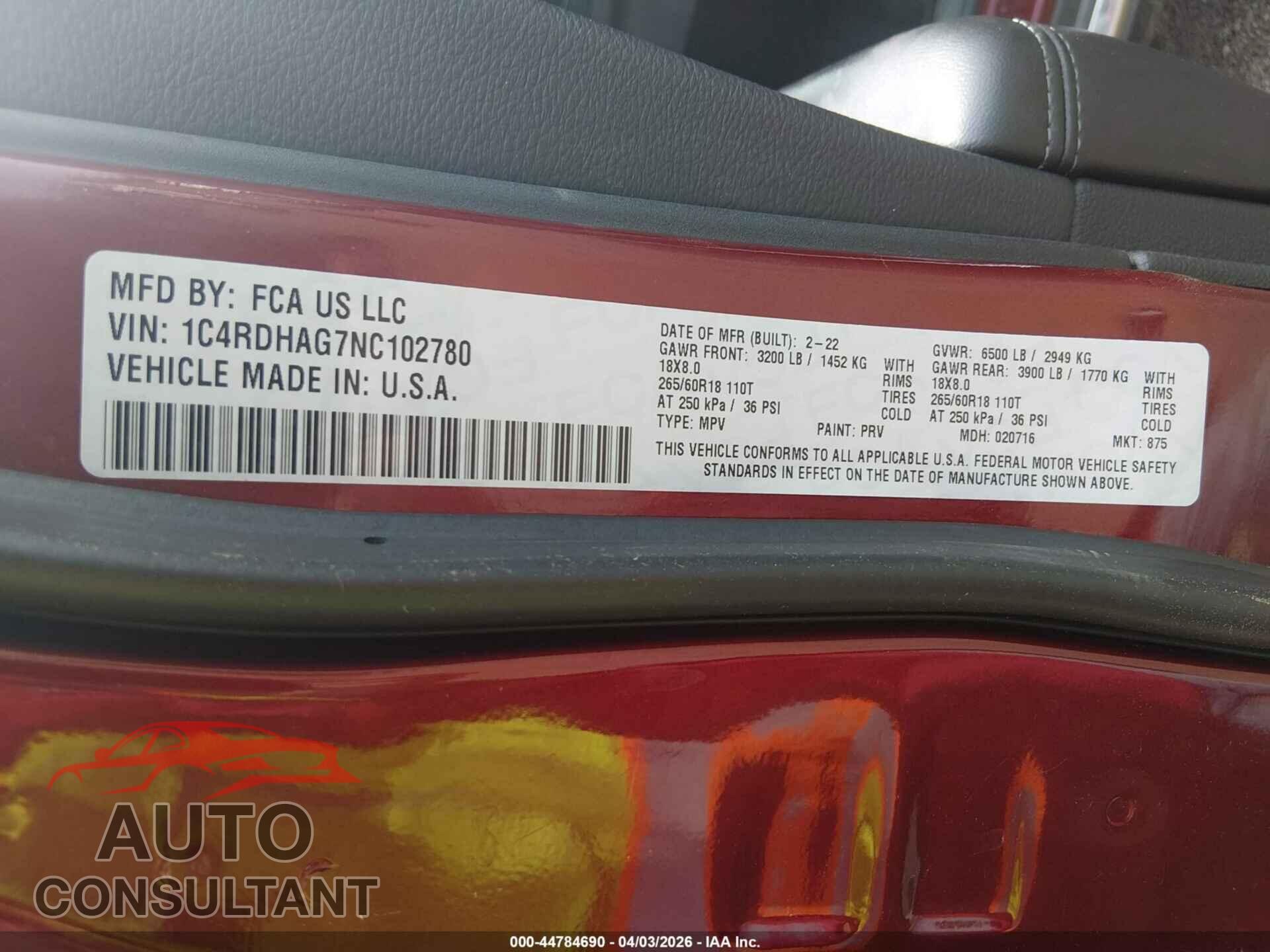 DODGE DURANGO 2022 - 1C4RDHAG7NC102780