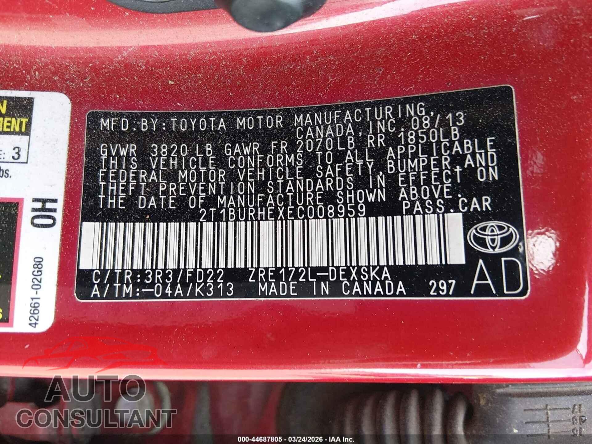 TOYOTA COROLLA 2014 - 2T1BURHEXEC008959