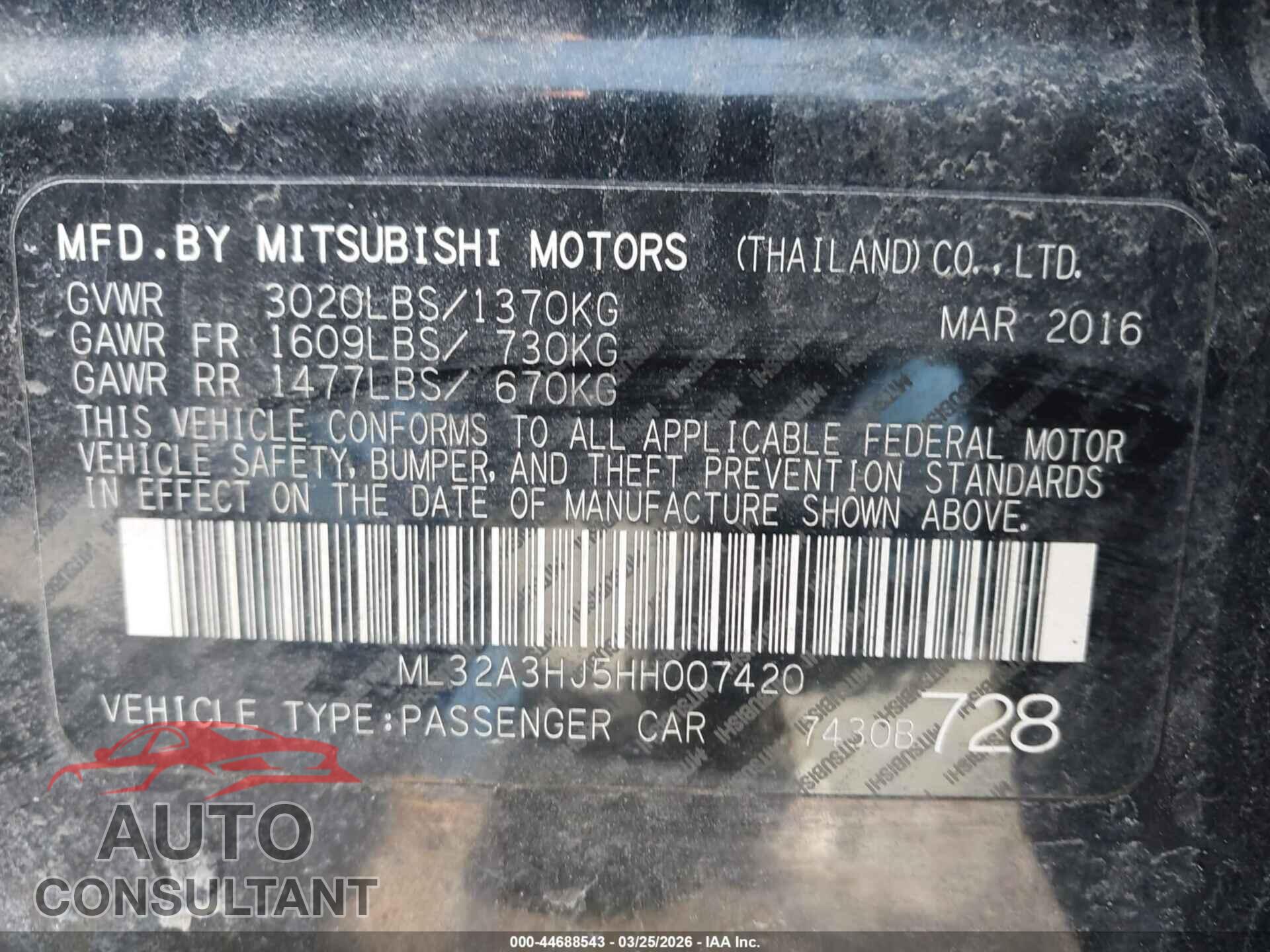 MITSUBISHI MIRAGE 2017 - ML32A3HJ5HH007420
