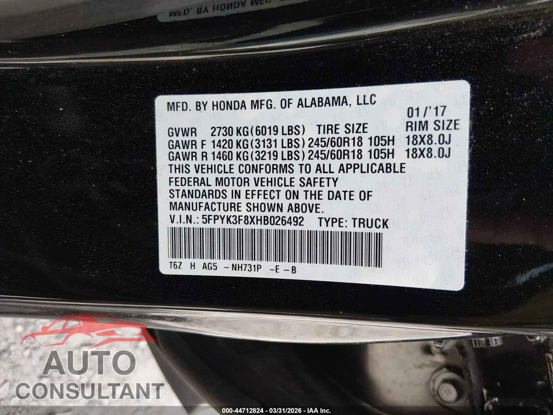 HONDA RIDGELINE 2017 - 5FPYK3F8XHB026492