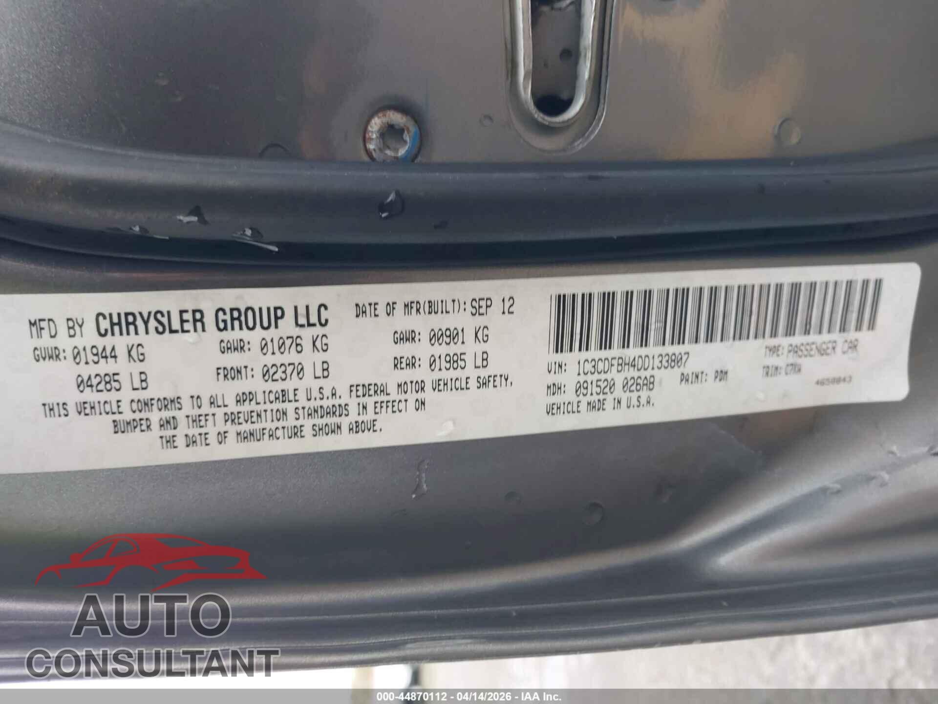 DODGE DART 2013 - IC3CDFBH4DD133807