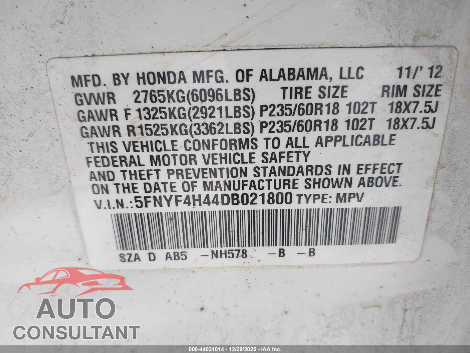 HONDA PILOT 2013 - 5FNYF4H44DB021800