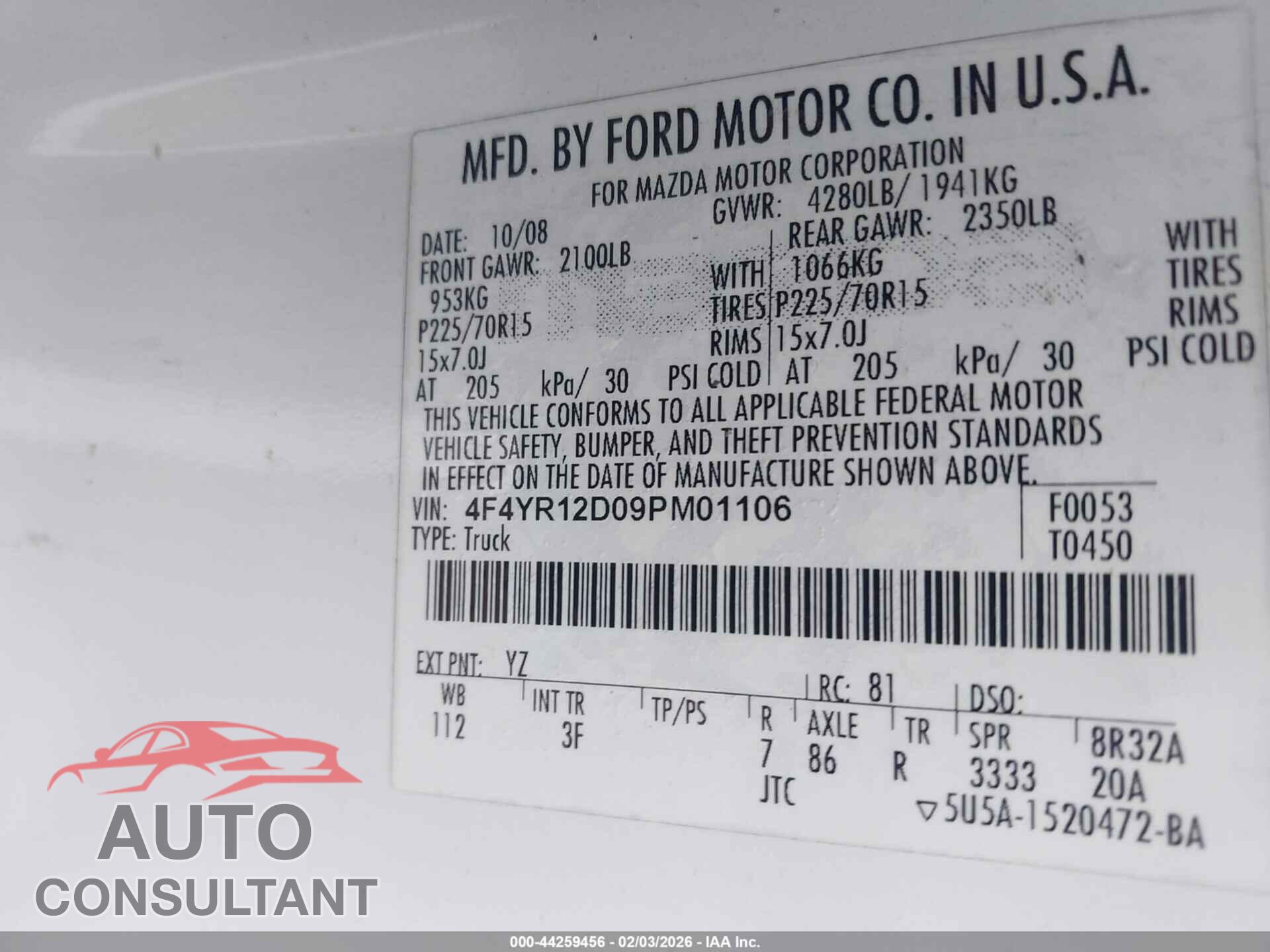 MAZDA B2300 2009 - 4F4YR12D09PM01106