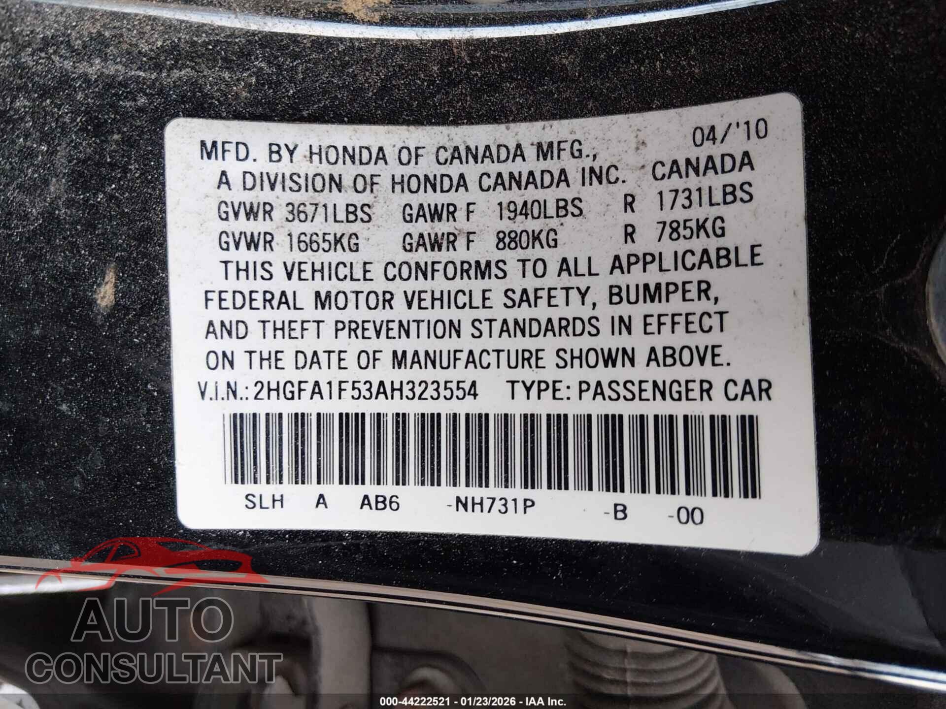 HONDA CIVIC 2010 - 2HGFA1F53AH323554
