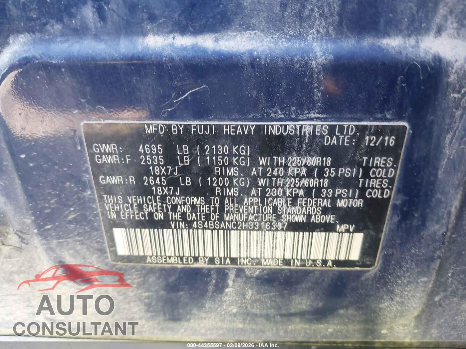 SUBARU OUTBACK 2017 - 4S4BSANC2H3316307