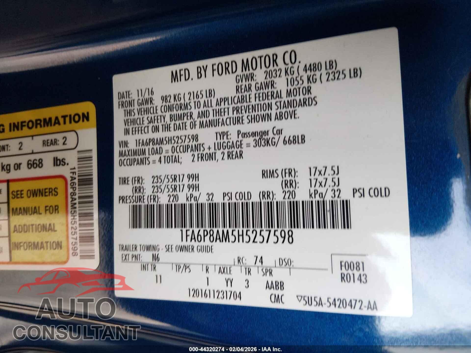 FORD MUSTANG 2017 - 1FA6P8AM5H5257598