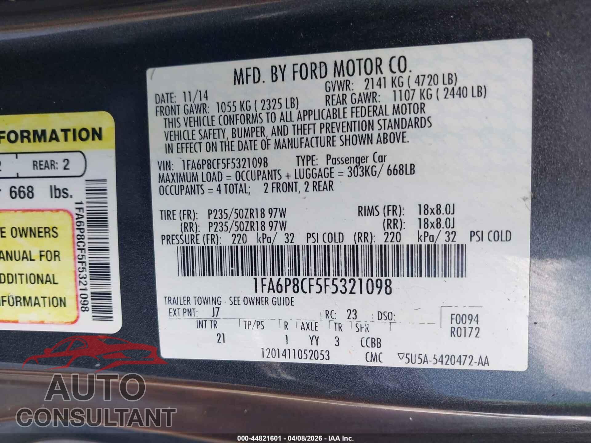 FORD MUSTANG 2015 - 1FA6P8CF5F5321098