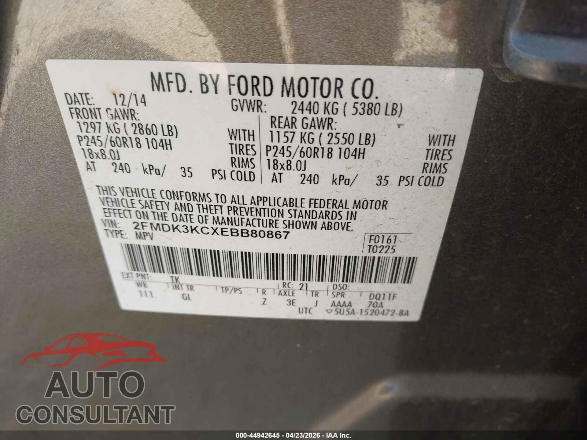 FORD EDGE 2014 - 2FMDK3KCXEBB80867