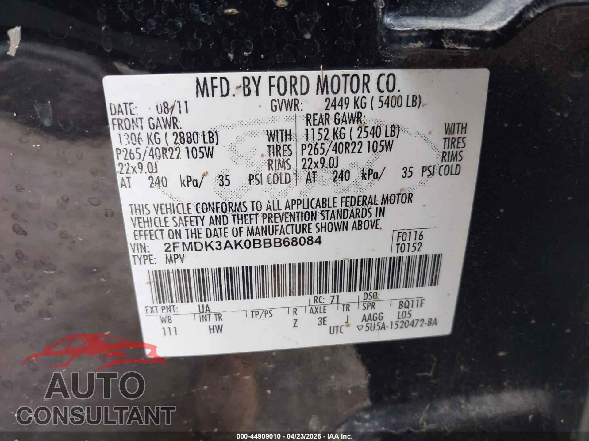 FORD EDGE 2011 - 2FMDK3AK0BBB68084