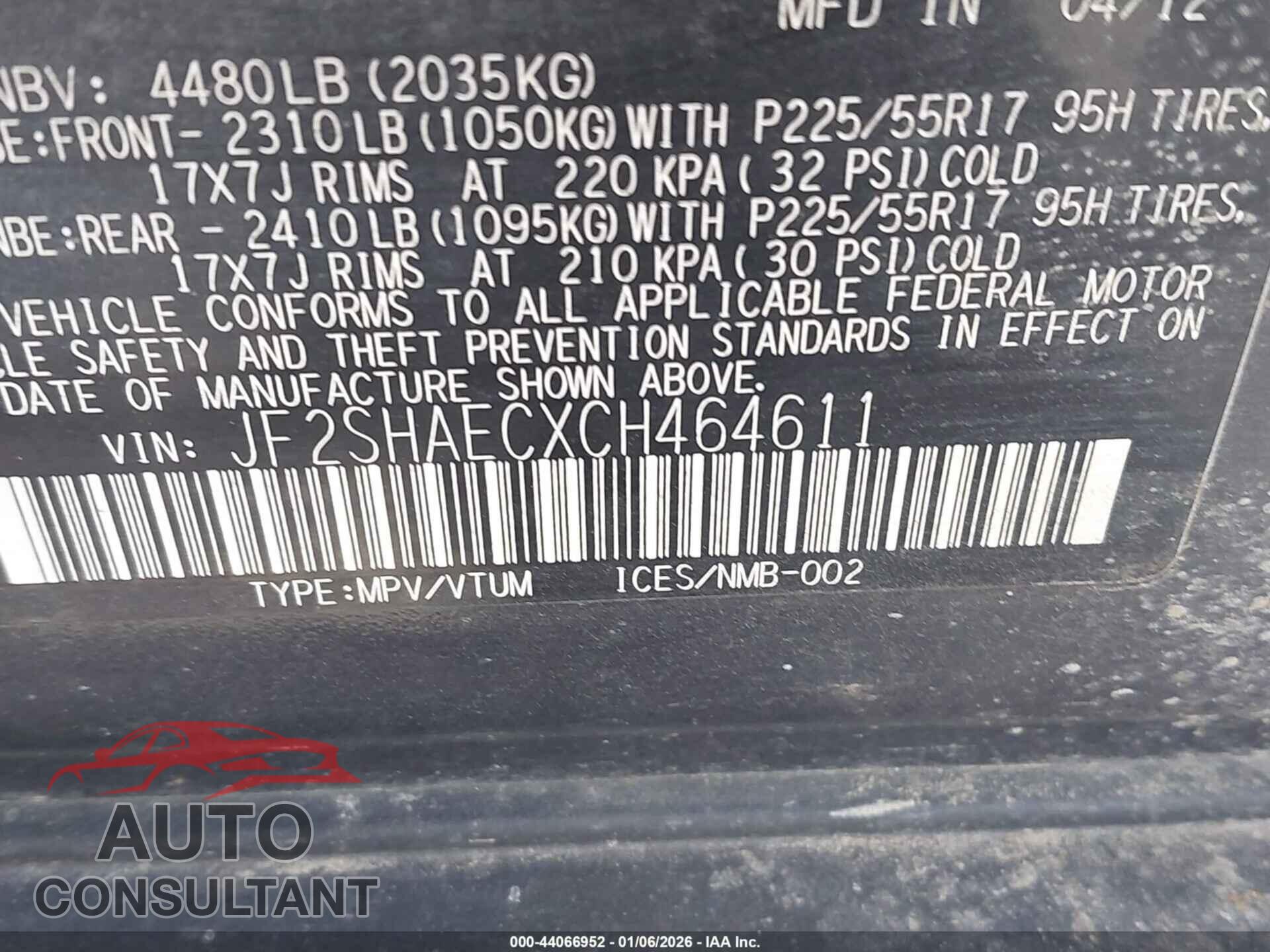 SUBARU FORESTER 2012 - JF2SHAECXCH464611