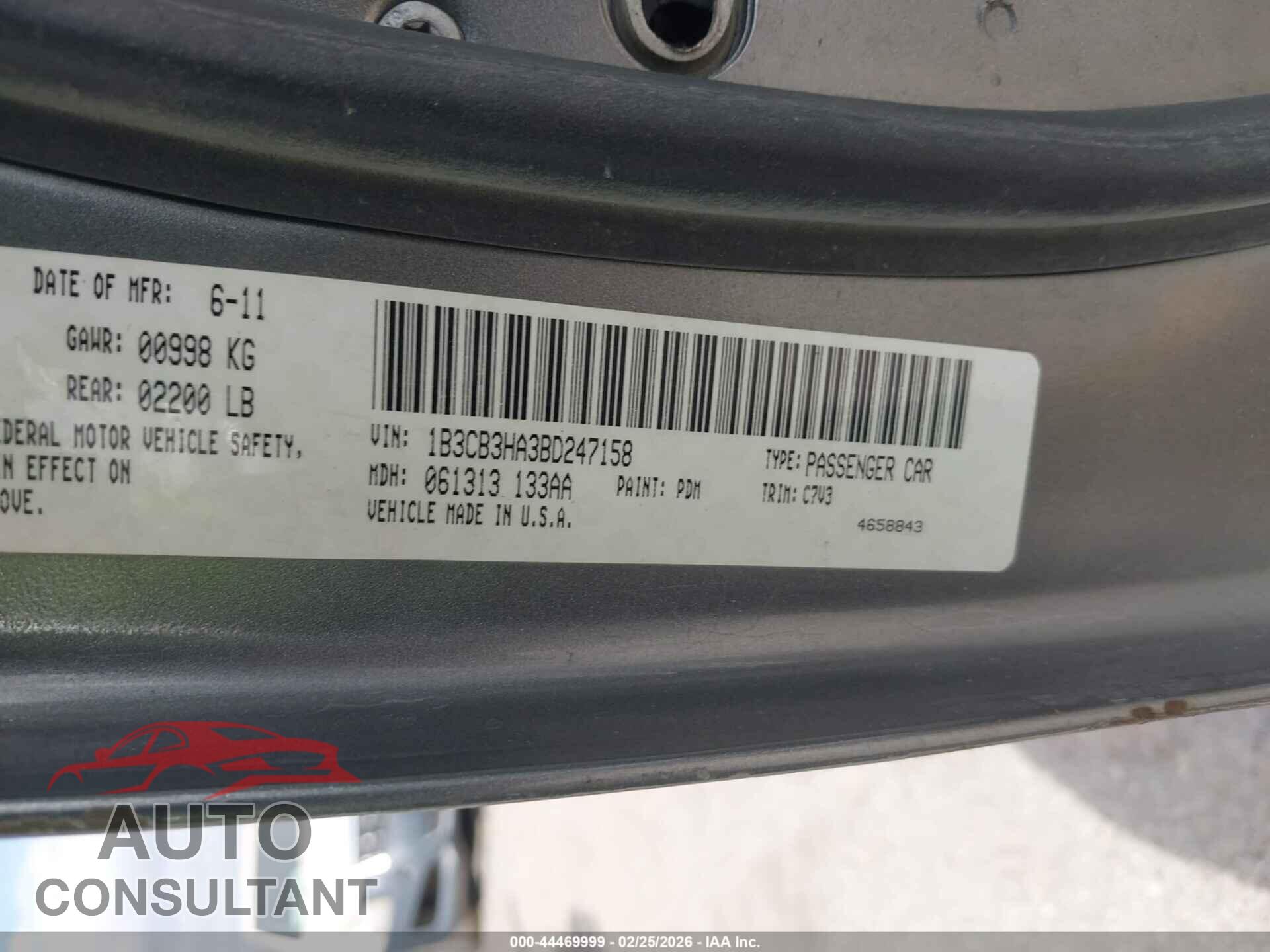 DODGE CALIBER 2011 - 1B3CB3HA3BD247158