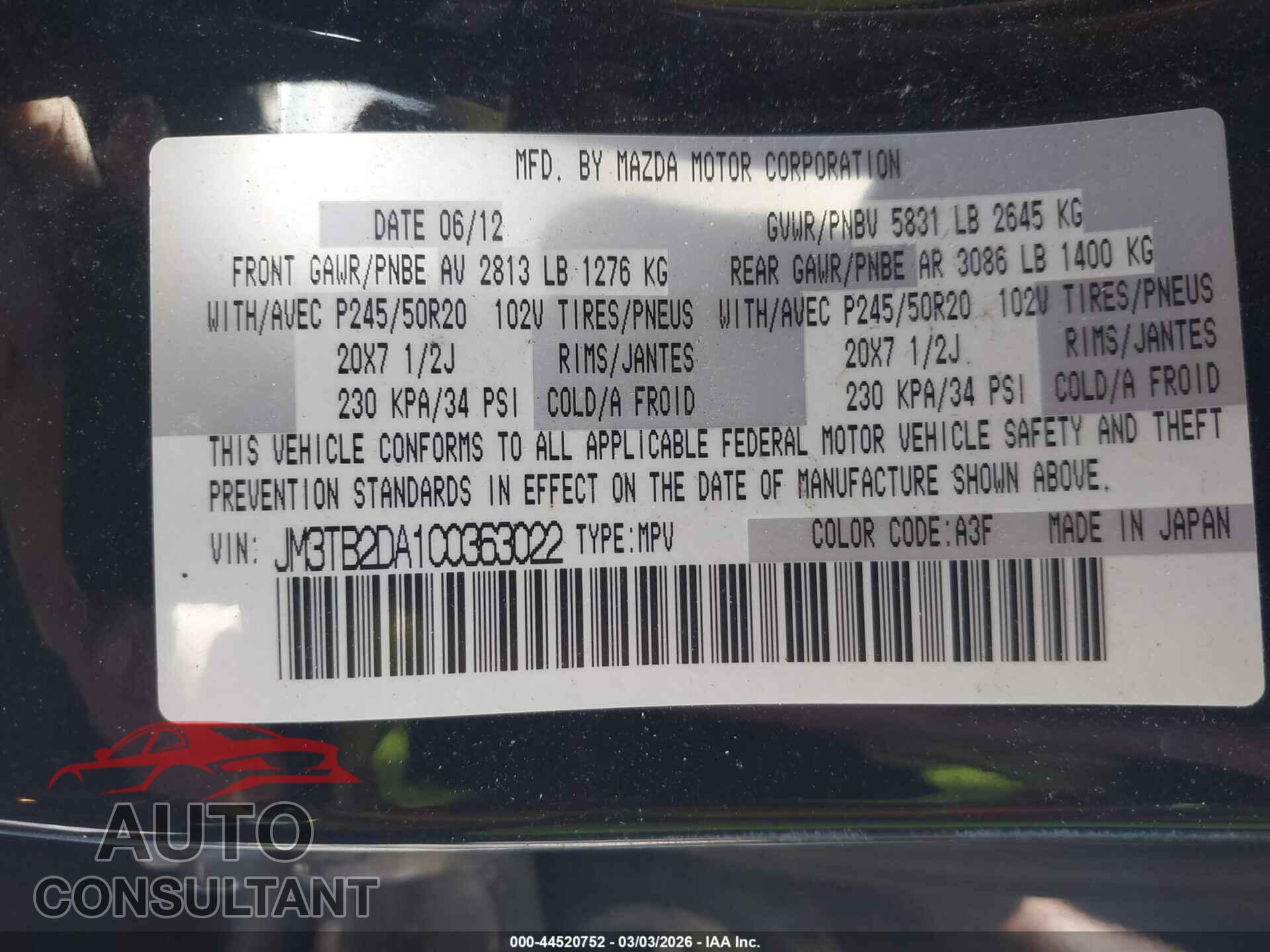 MAZDA CX-9 2012 - JM3TB2DA1C0363022