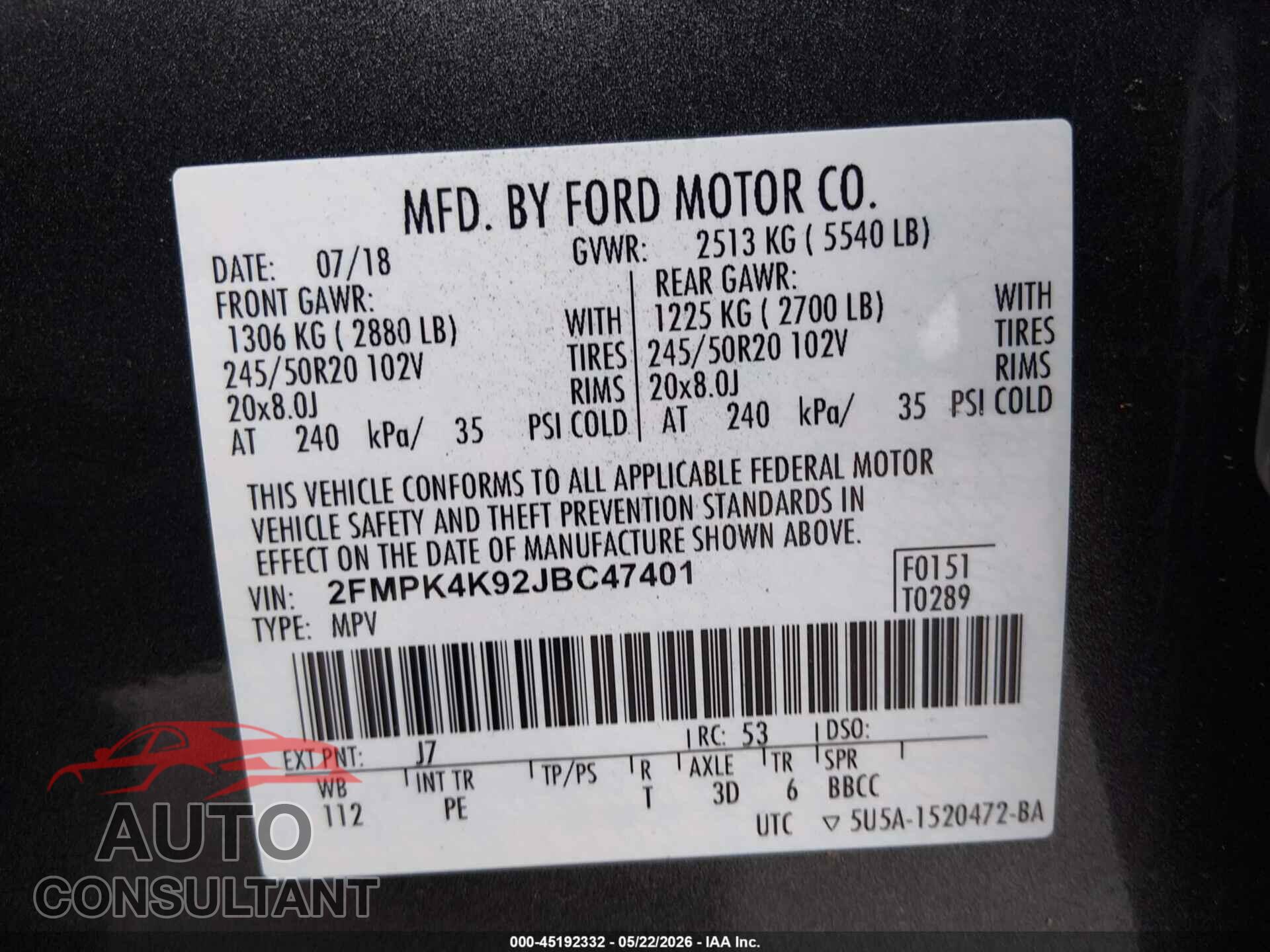 FORD EDGE 2018 - 2FMPK4K92JBC47401