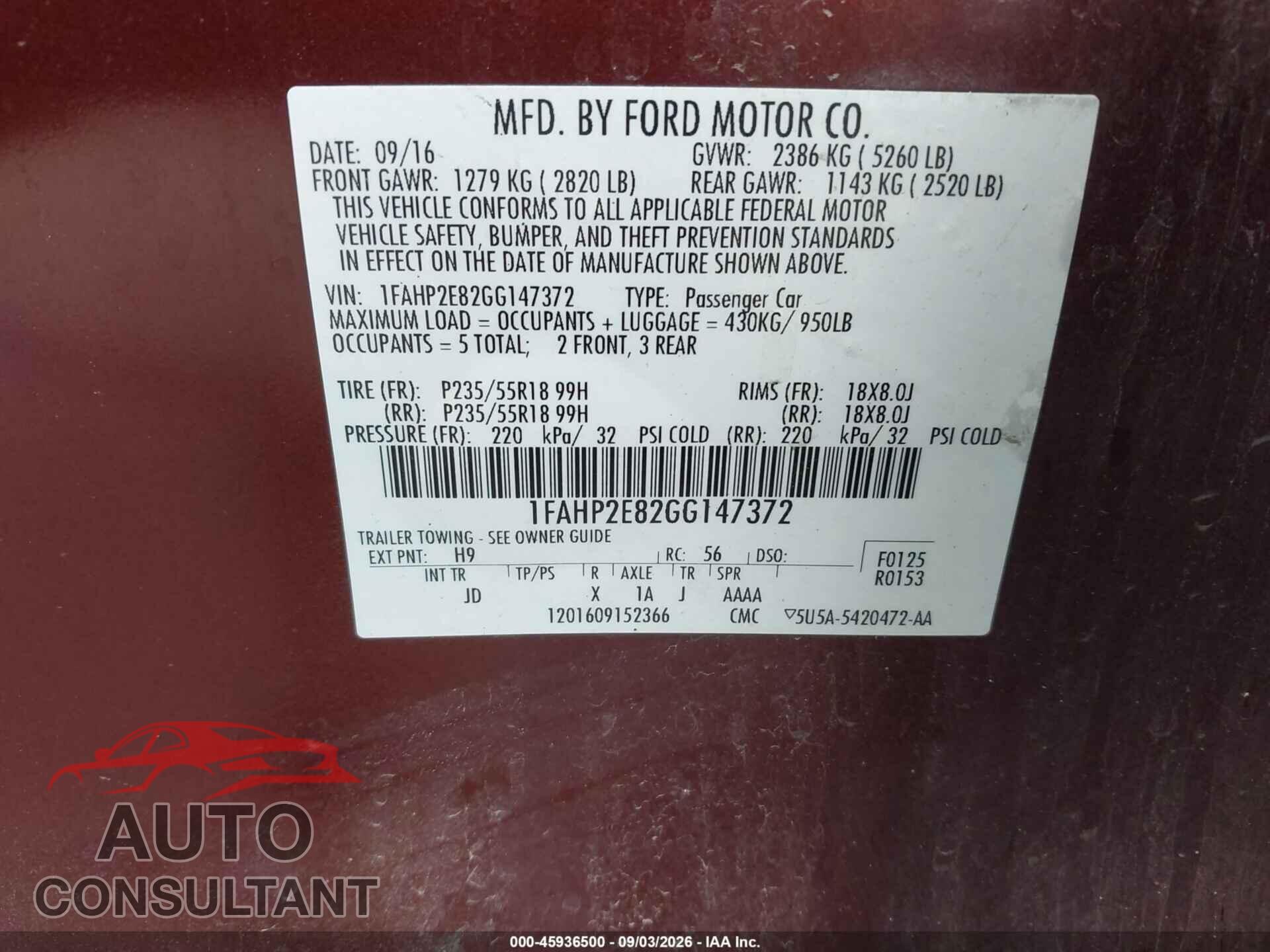 FORD TAURUS 2016 - 1FAHP2E82GG147372