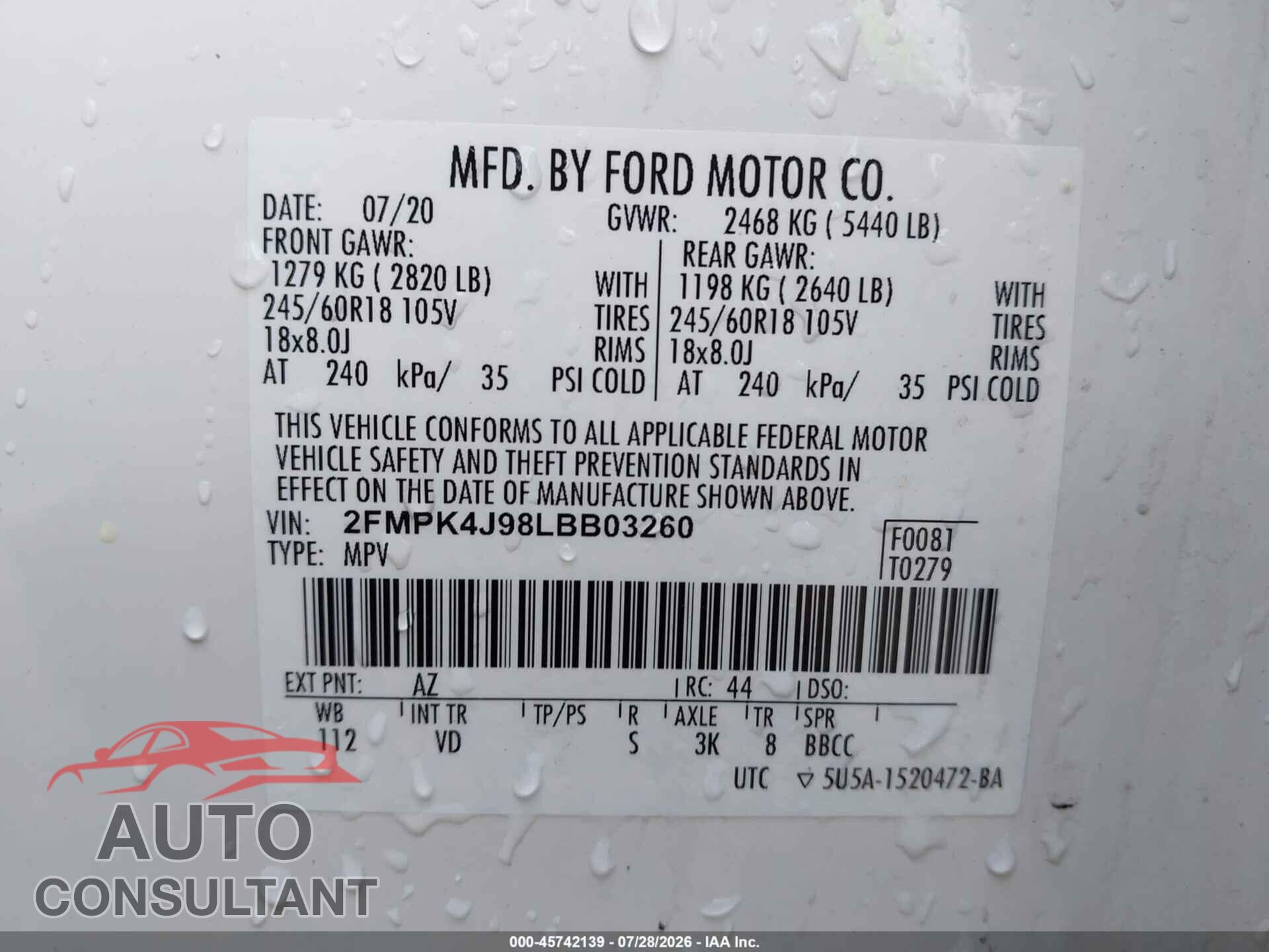 FORD EDGE 2020 - 2FMPK4J98LBB03260