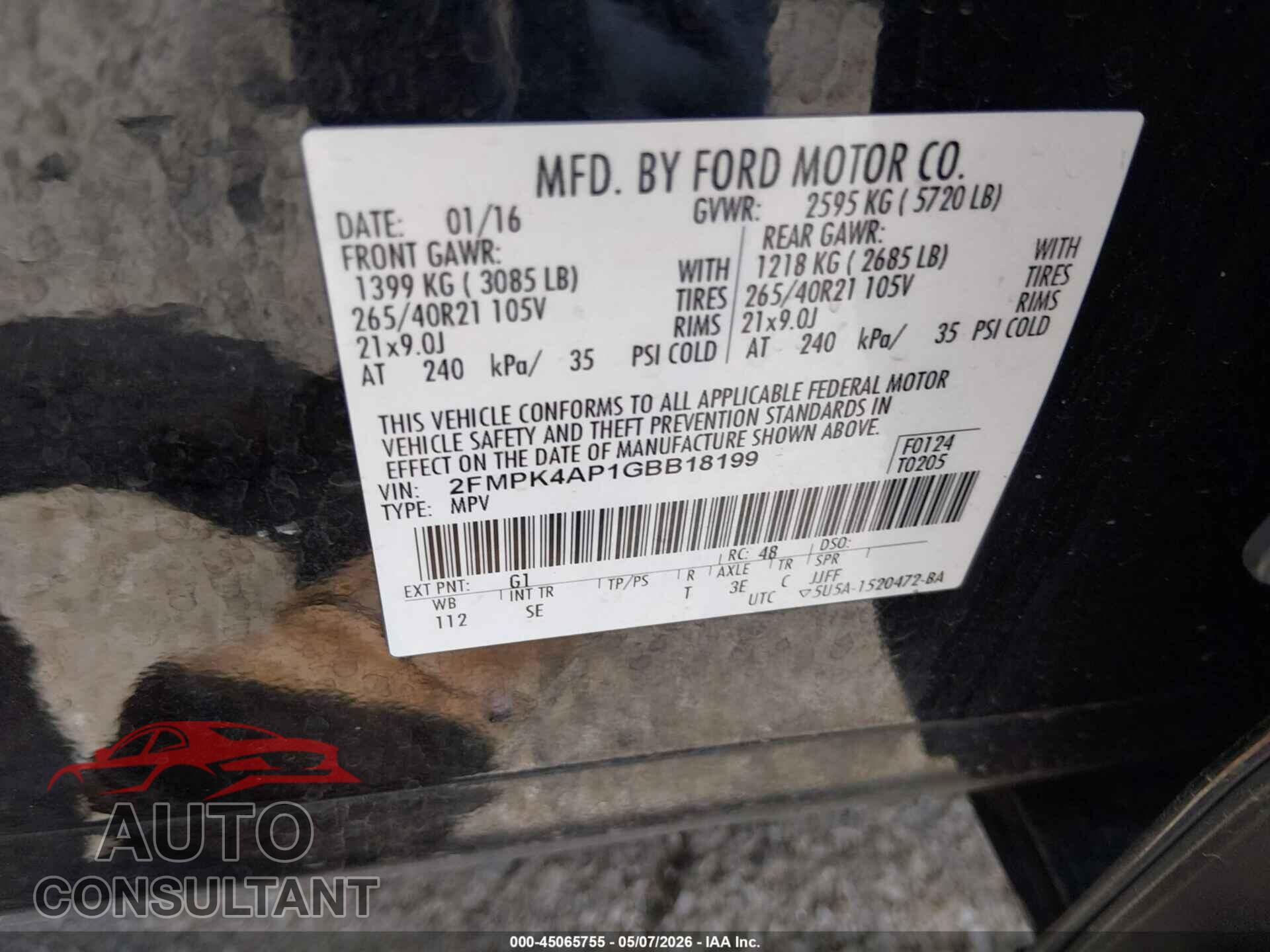 FORD EDGE 2016 - 2FMPK4AP1GBB18199