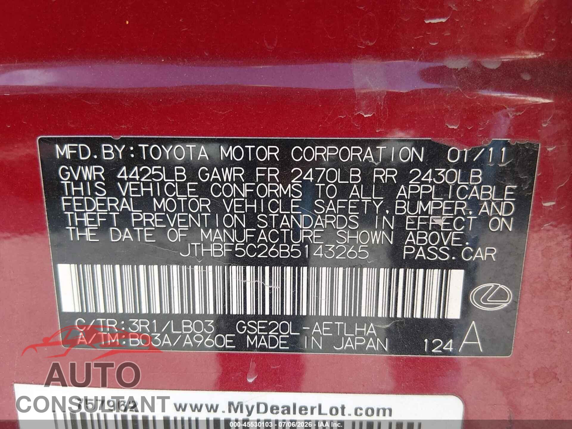 LEXUS IS 250 2011 - JTHBF5C26B5143265