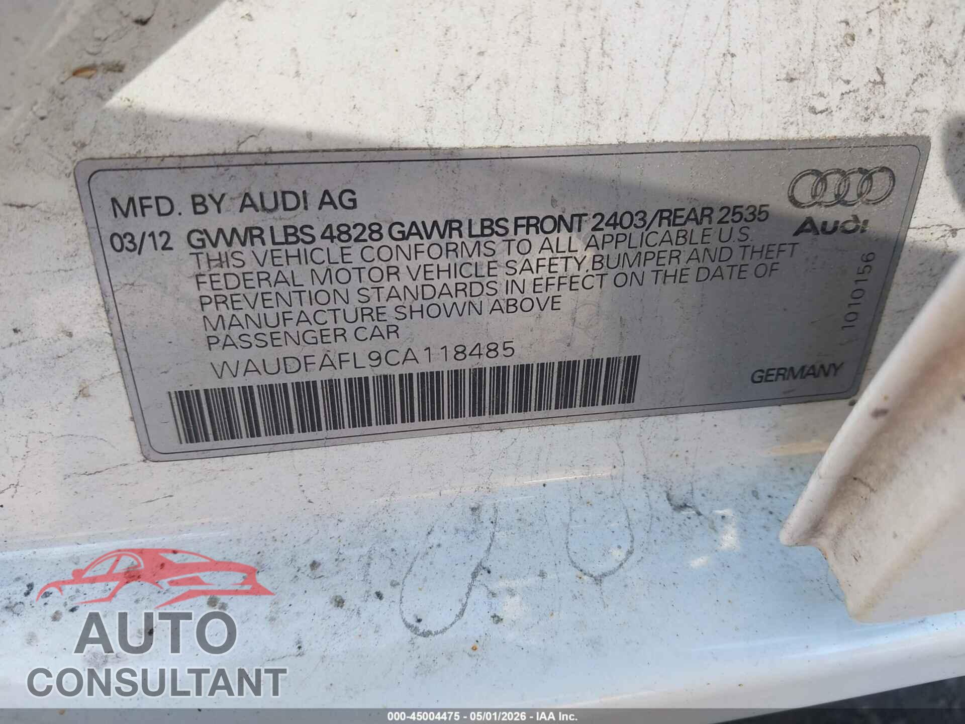 AUDI A4 2012 - WAUDFAFL9CA118485
