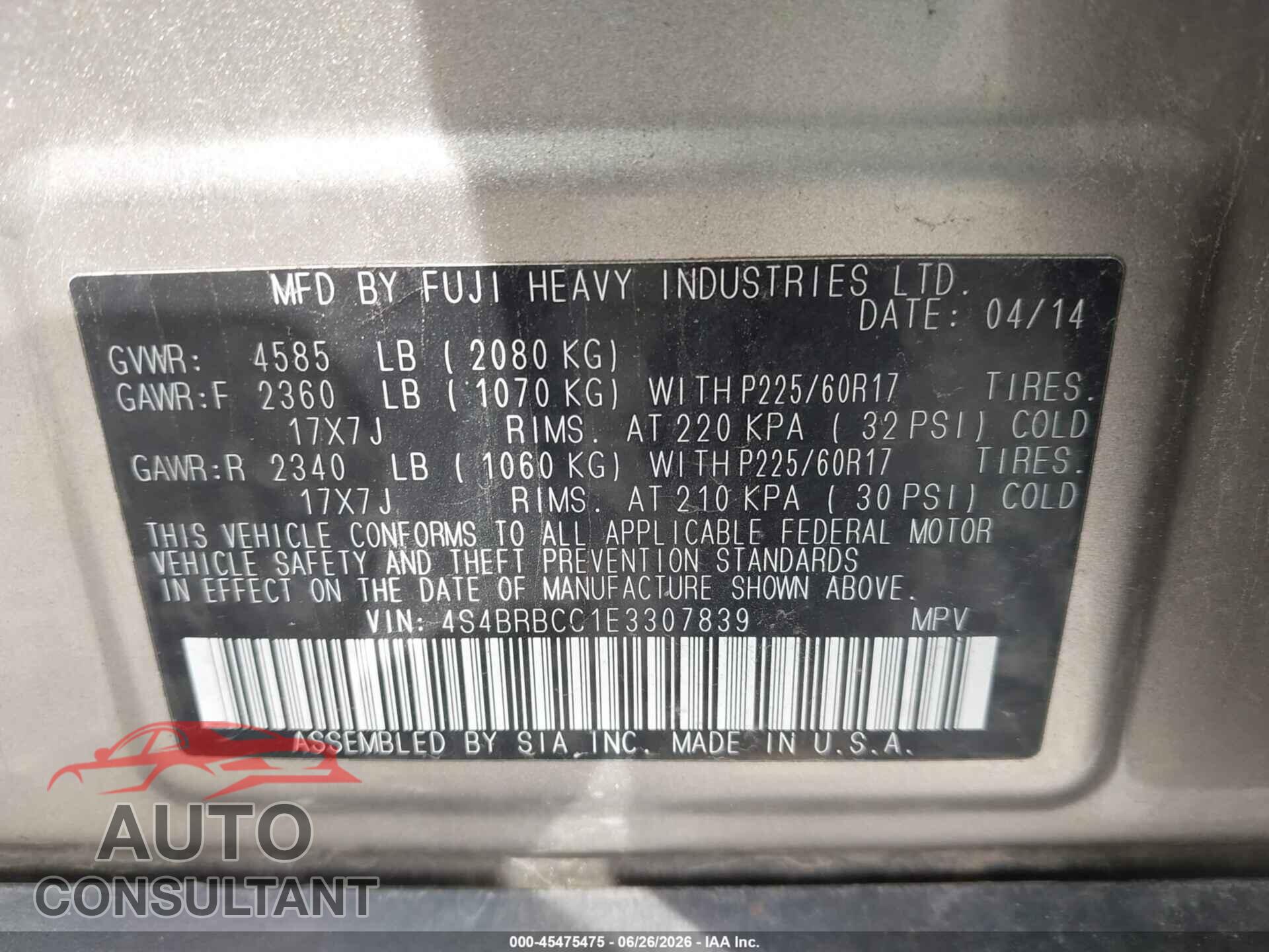 SUBARU OUTBACK 2014 - 4S4BRBCC1E3307839
