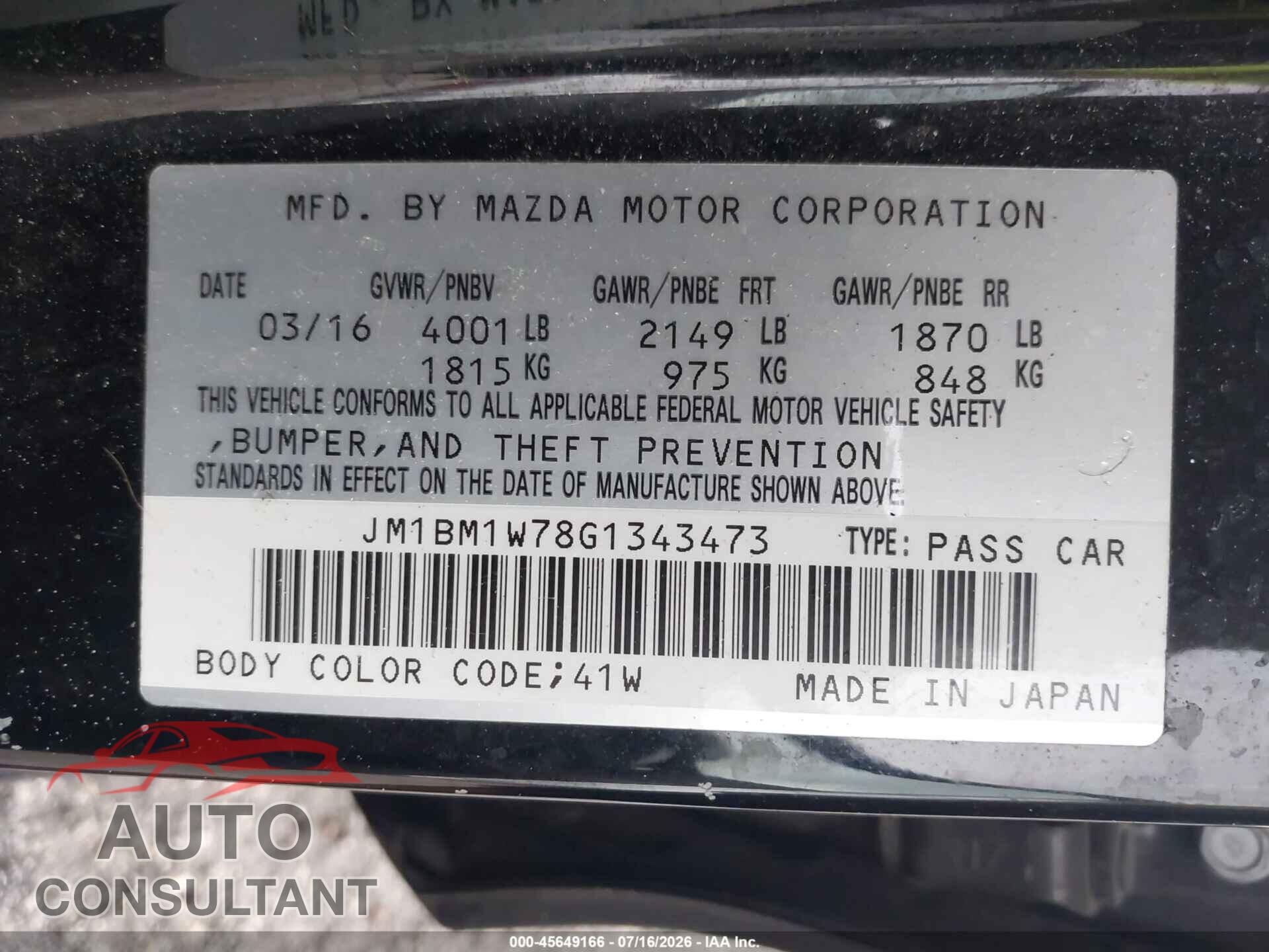 MAZDA MAZDA3 2016 - JM1BM1W78G1343473