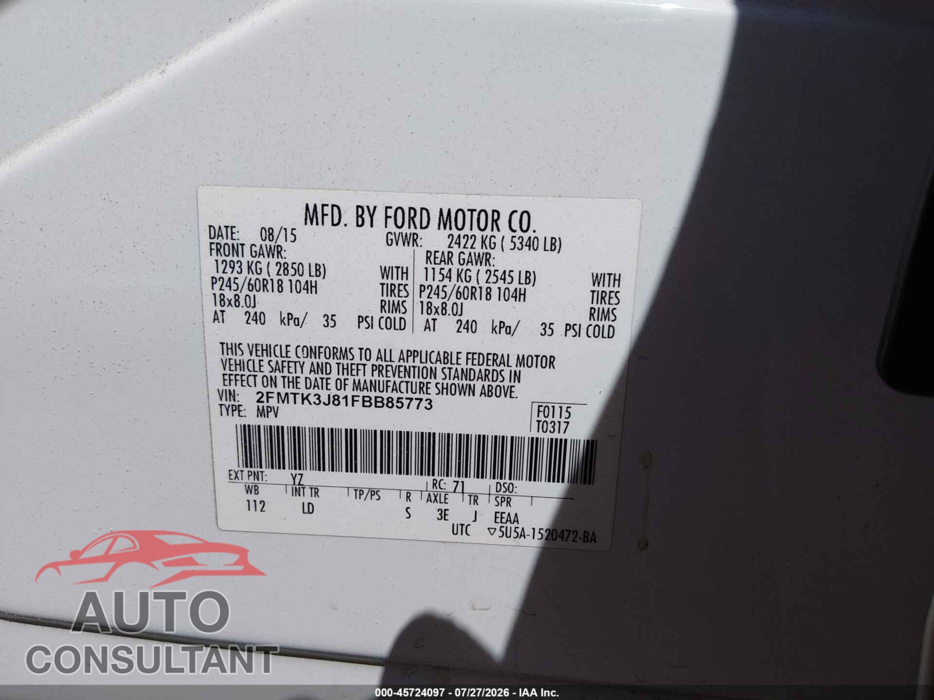 FORD EDGE 2015 - 2FMTK3J81FBB85773