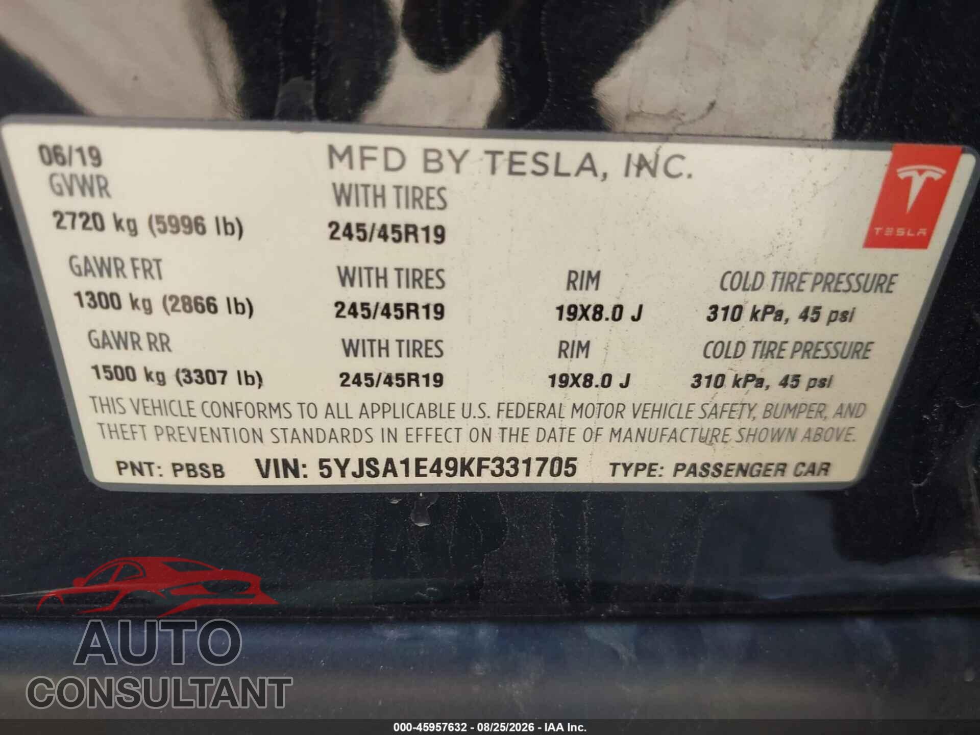 TESLA MODEL S 2019 - 5YJSA1E49KF331705