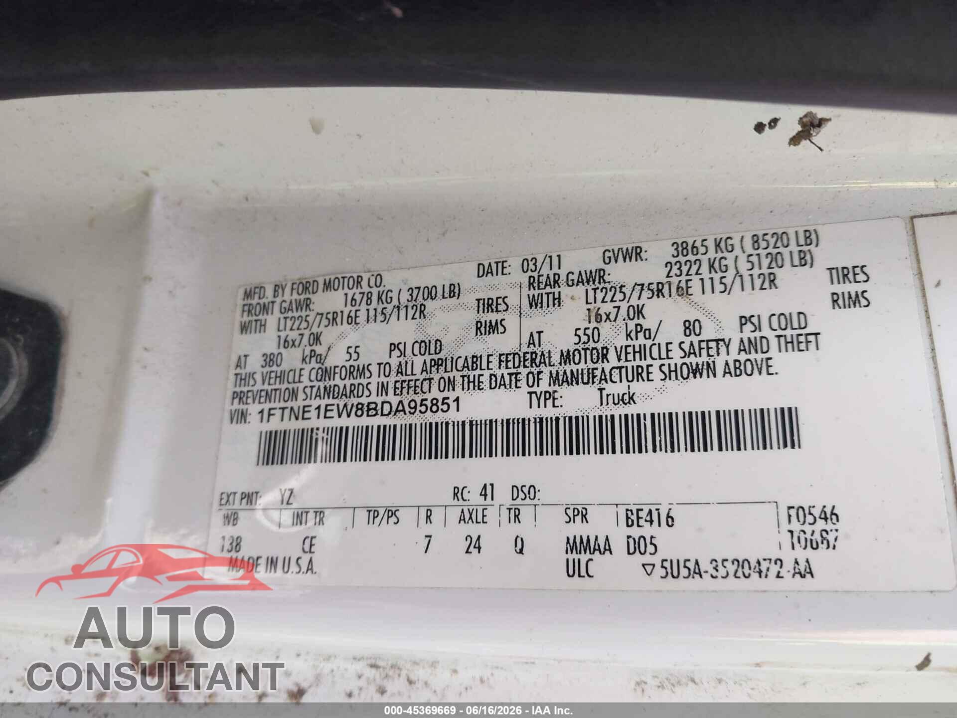 FORD E-150 2011 - 1FTNE1EW8BDA95851