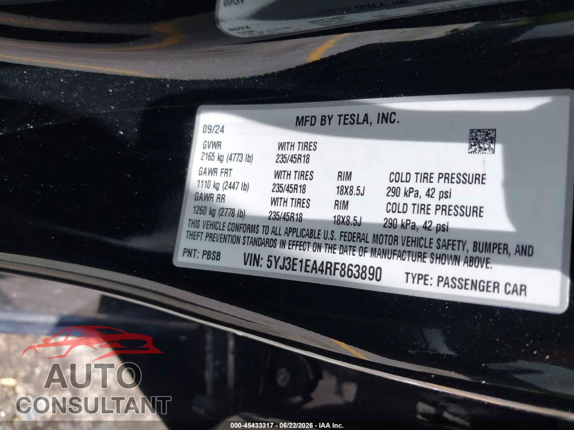 TESLA MODEL 3 2024 - 5YJ3E1EA4RF863890