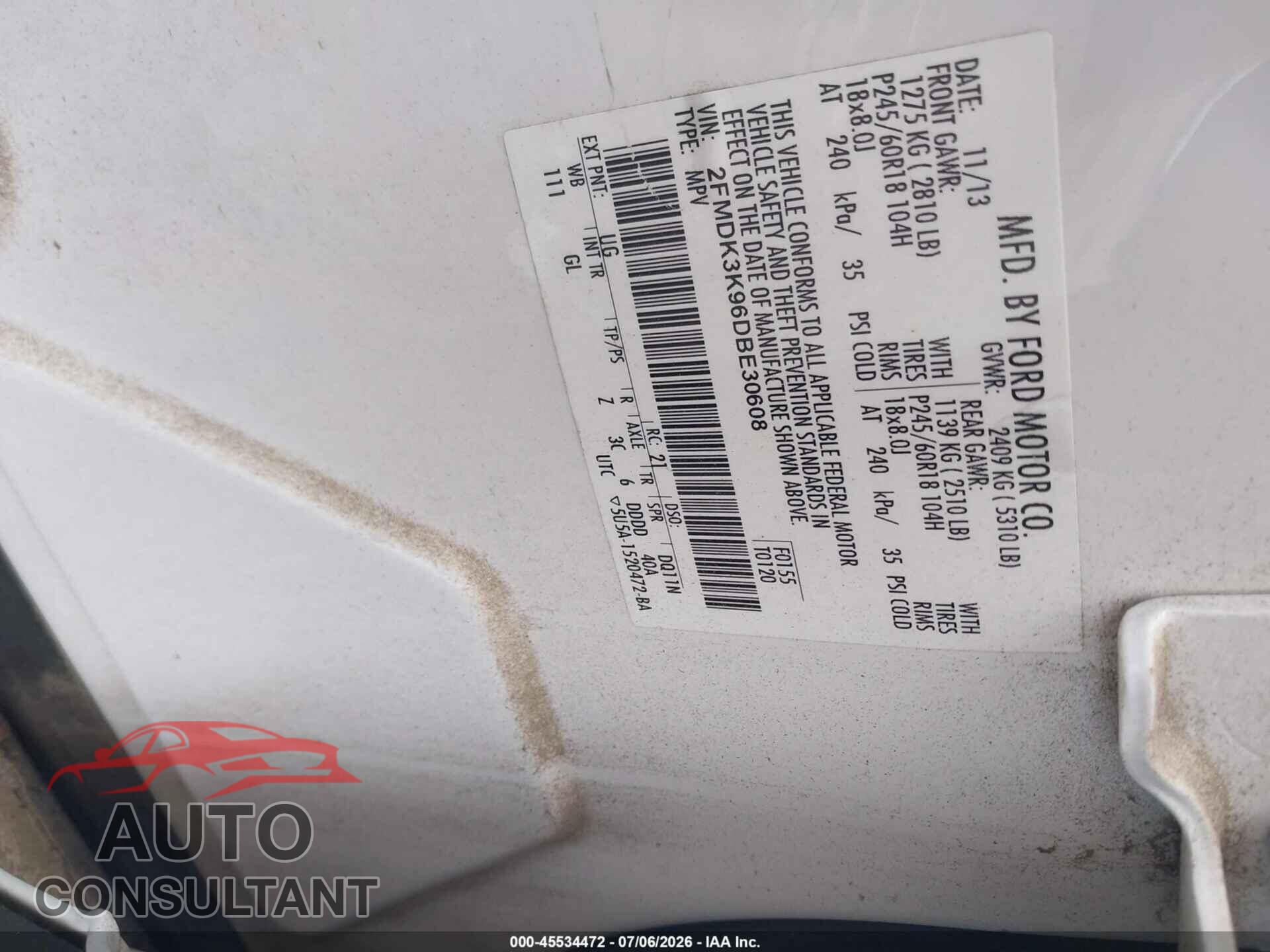 FORD EDGE 2013 - 2FMDK3K96DBE30608