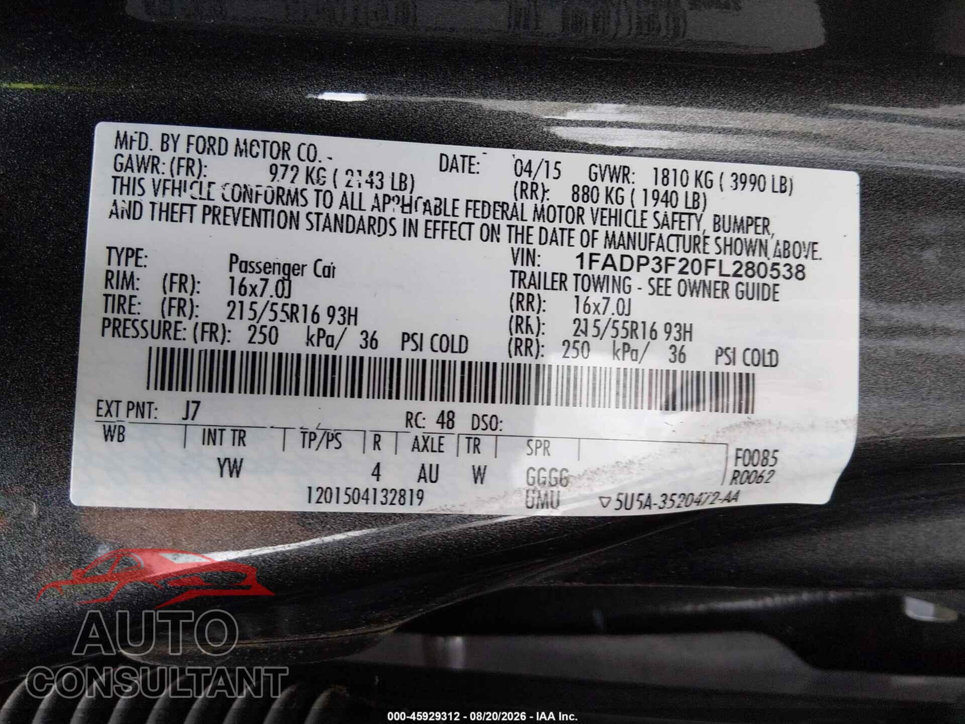 FORD FOCUS 2015 - 1FADP3F20FL280538