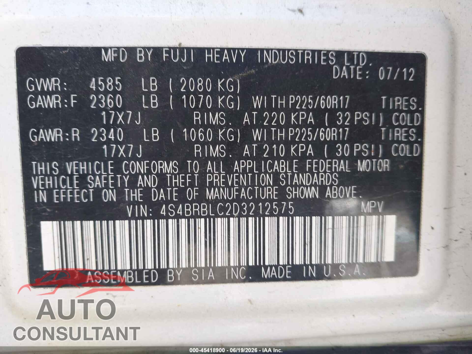 SUBARU OUTBACK 2013 - 4S4BRBLC2D3212575
