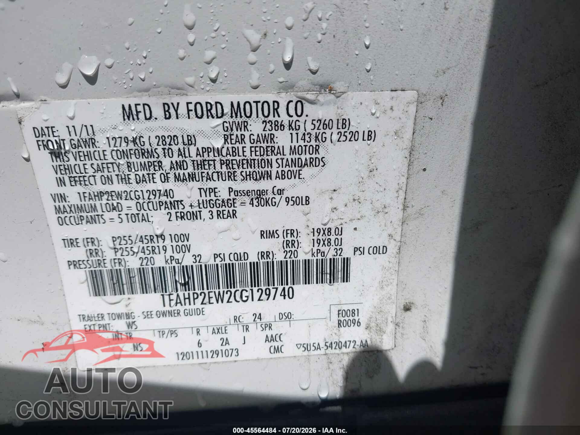 FORD TAURUS 2012 - 1FAHP2EW2CG129740