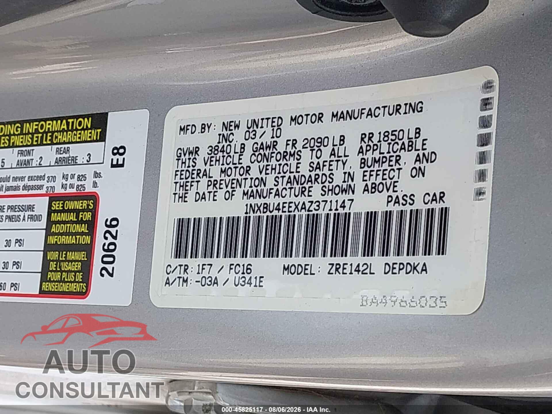 TOYOTA COROLLA 2010 - 1NXBU4EEXAZ371147