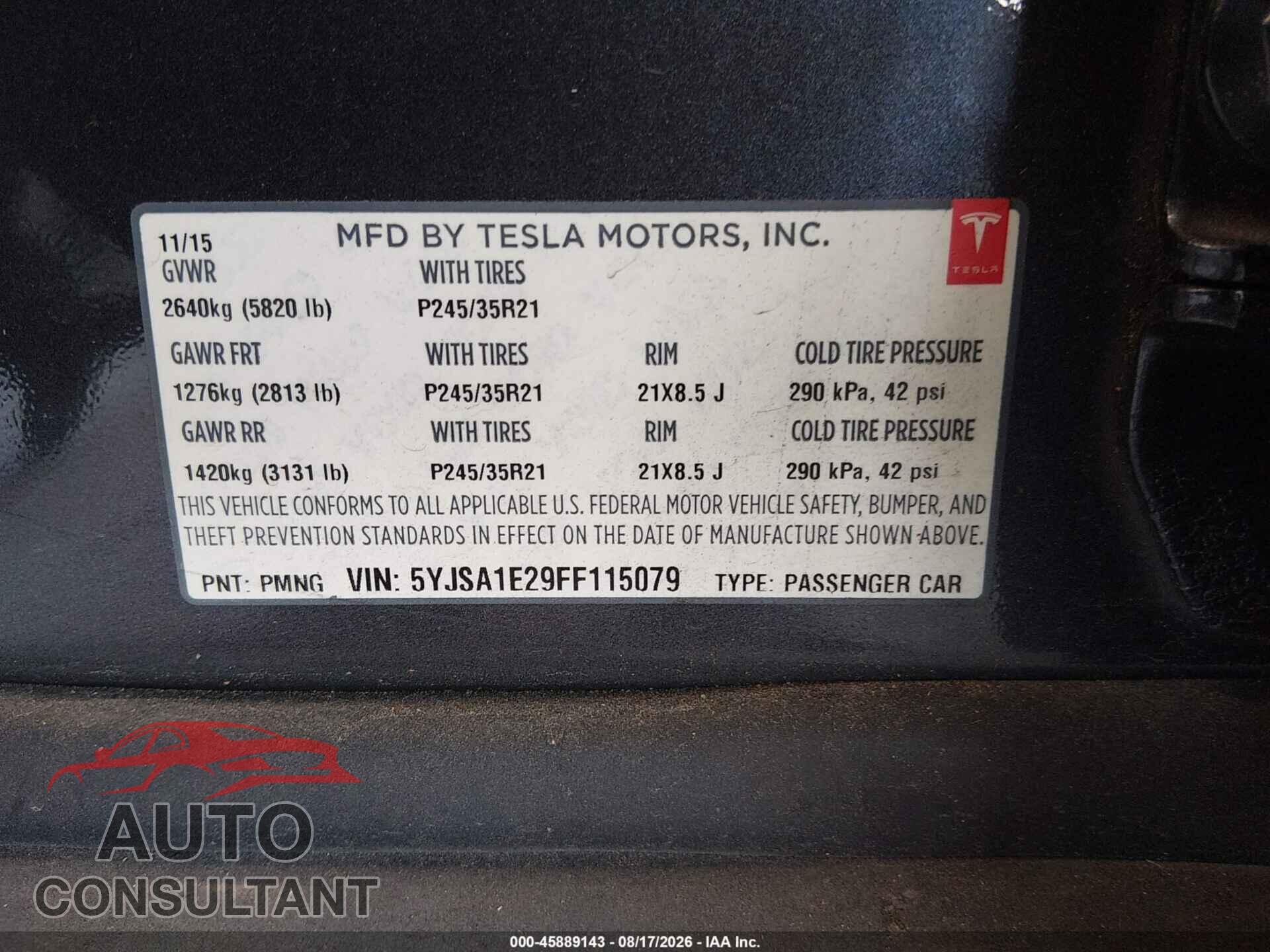 TESLA MODEL S 2015 - 5YJSA1E29FF115079