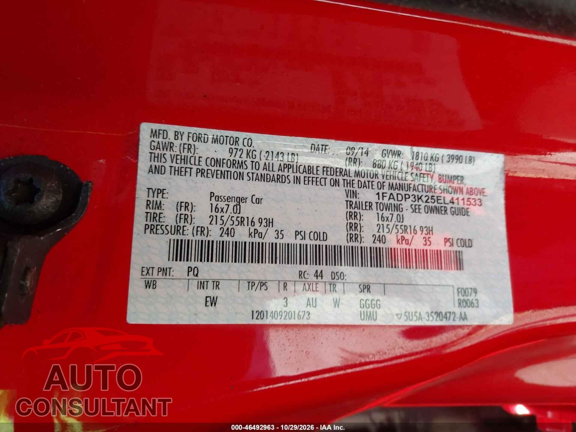 FORD FOCUS 2014 - 1FADP3K25EL411533