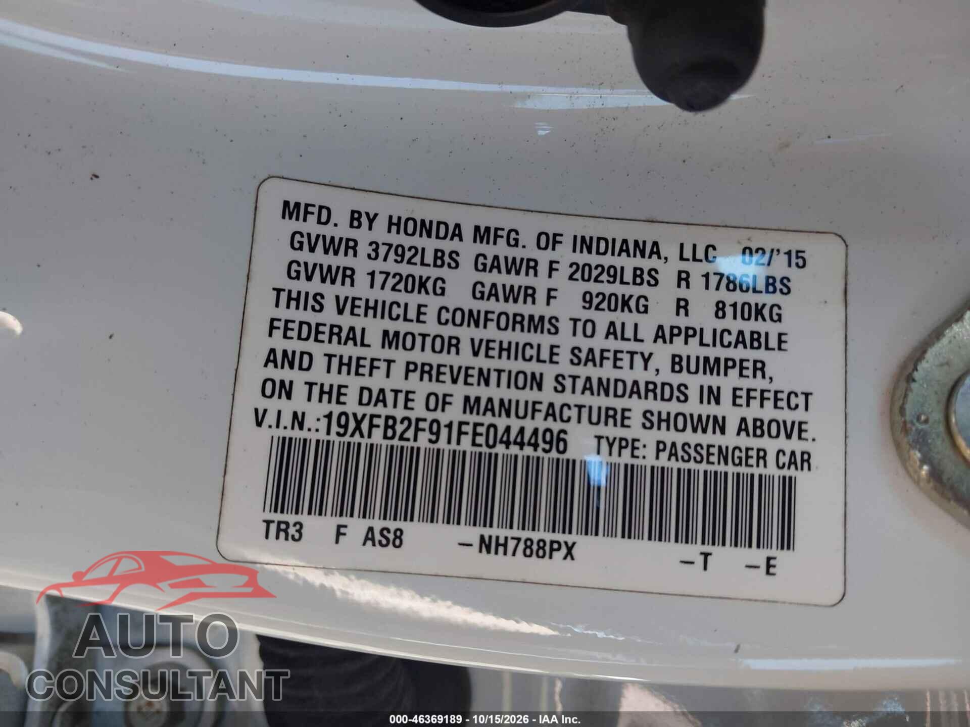HONDA CIVIC 2015 - 19XFB2F91FE044496