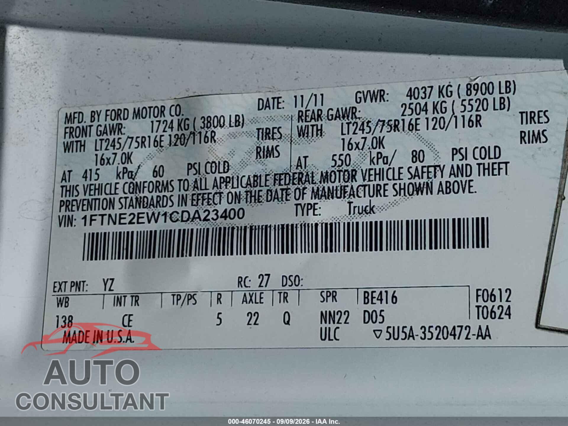 FORD E-250 2012 - 1FTNE2EW1CDA23400