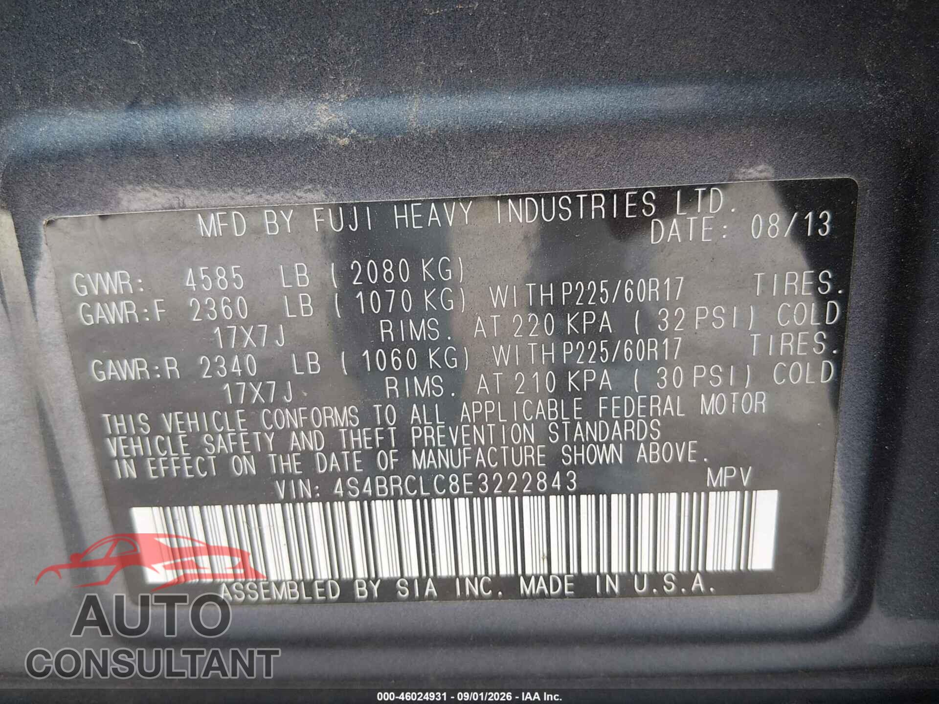 SUBARU OUTBACK 2014 - 4S4BRCLC8E3222843