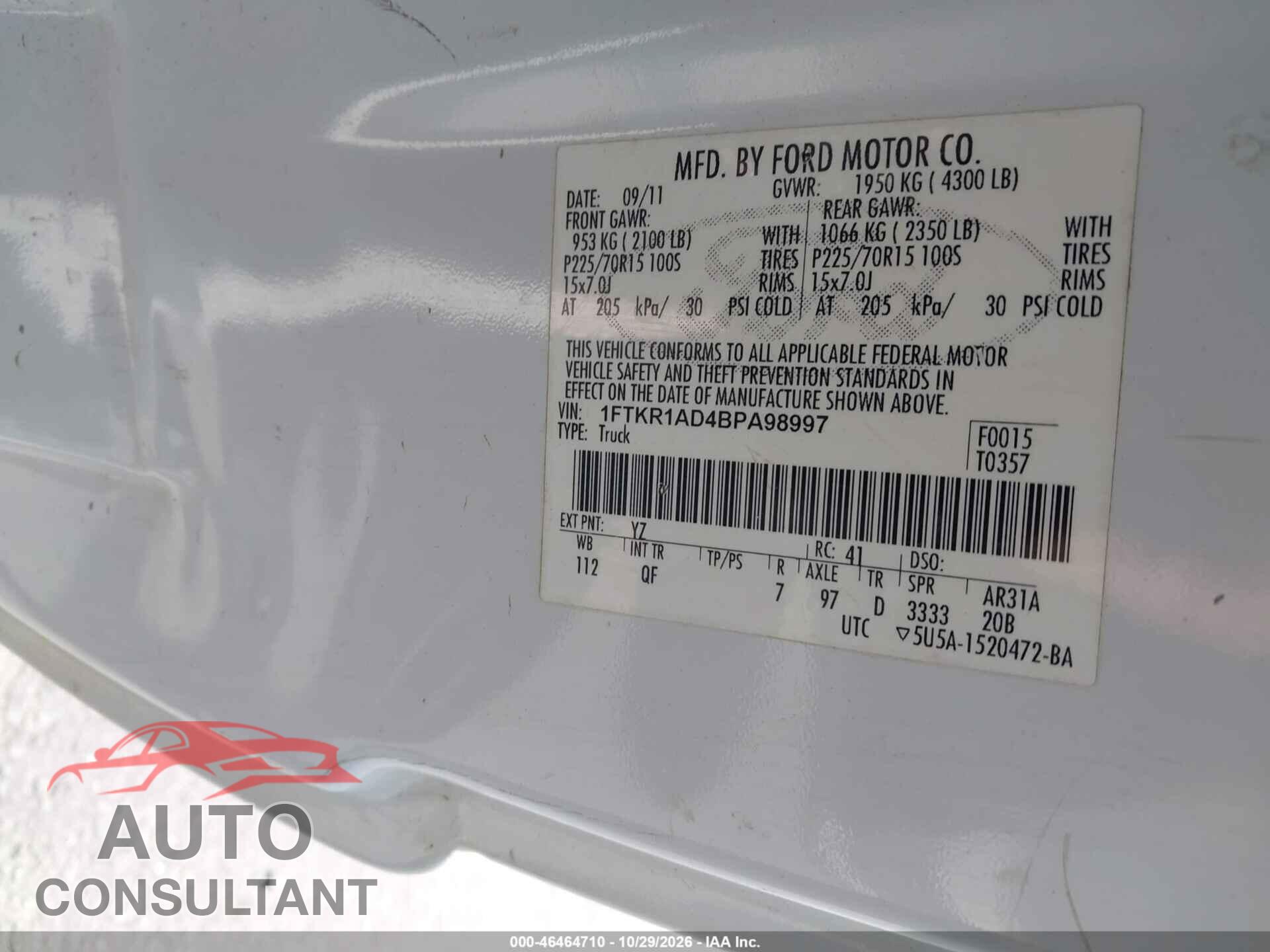 FORD RANGER 2011 - 1FTKR1AD4BPA98997