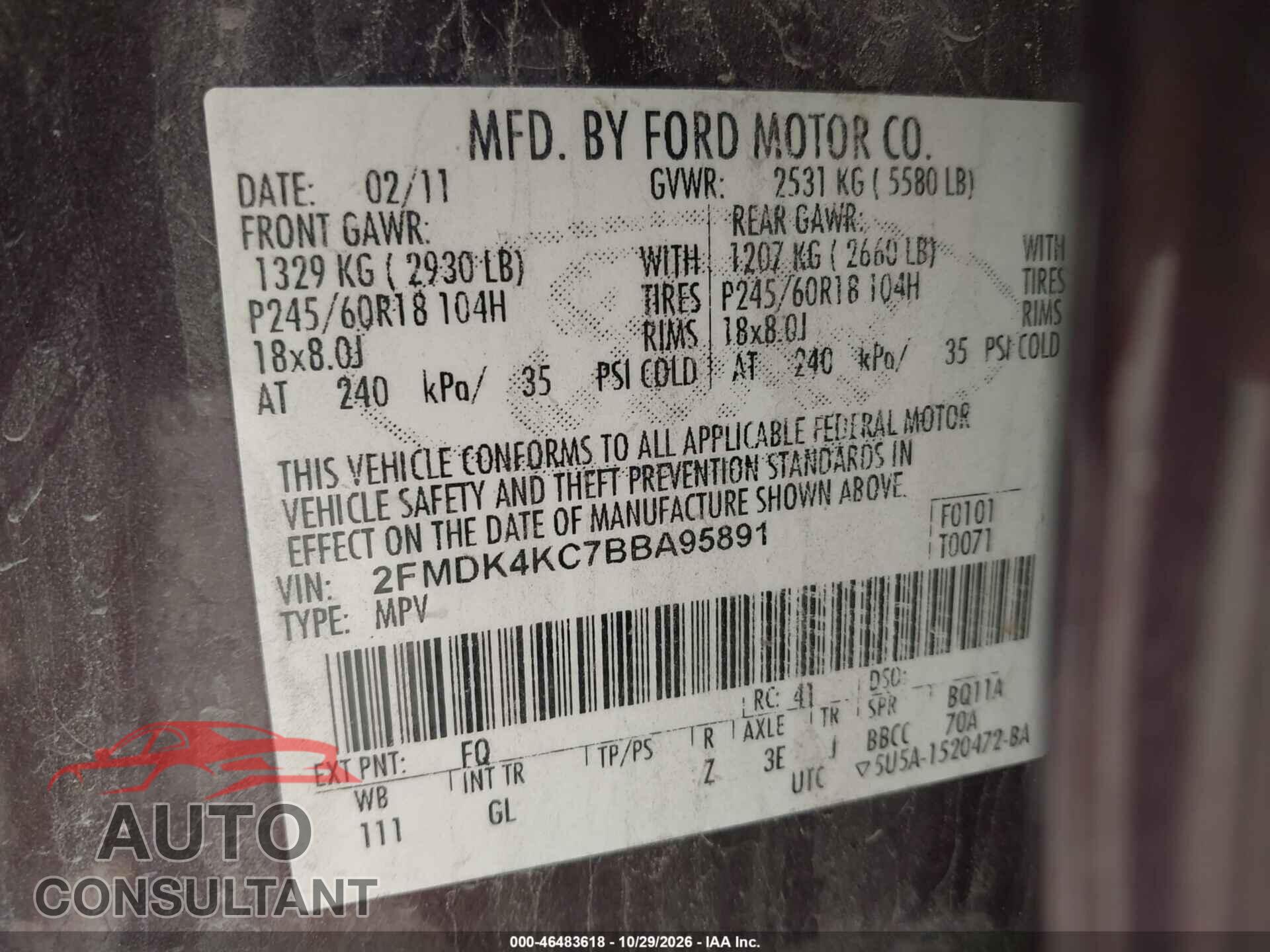 FORD EDGE 2011 - 2FMDK4KC7BBA95891