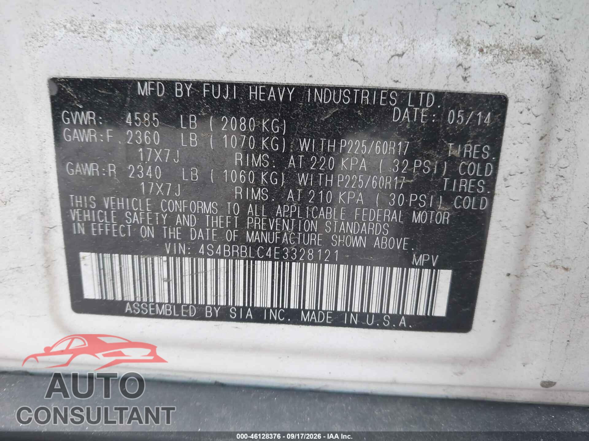SUBARU OUTBACK 2014 - 4S4BRBLC4E3328121
