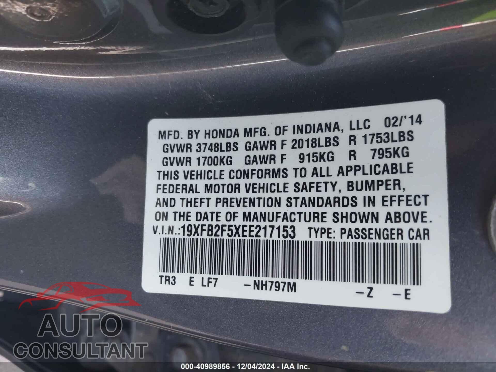 HONDA CIVIC 2014 - 19XFB2F5XEE217153