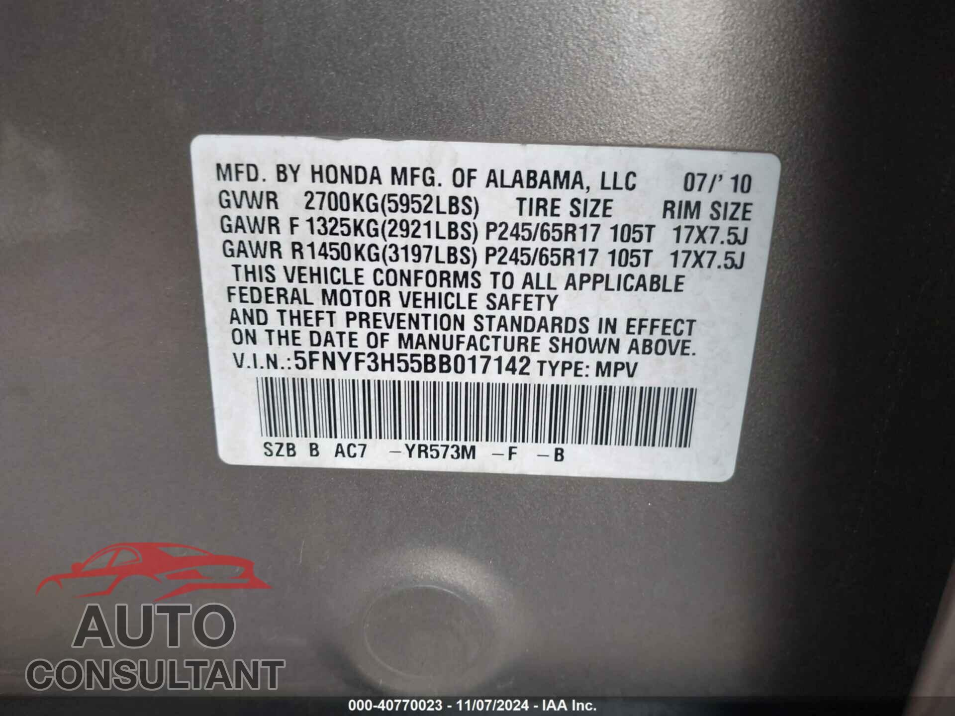 HONDA PILOT 2011 - 5FNYF3H55BB017142