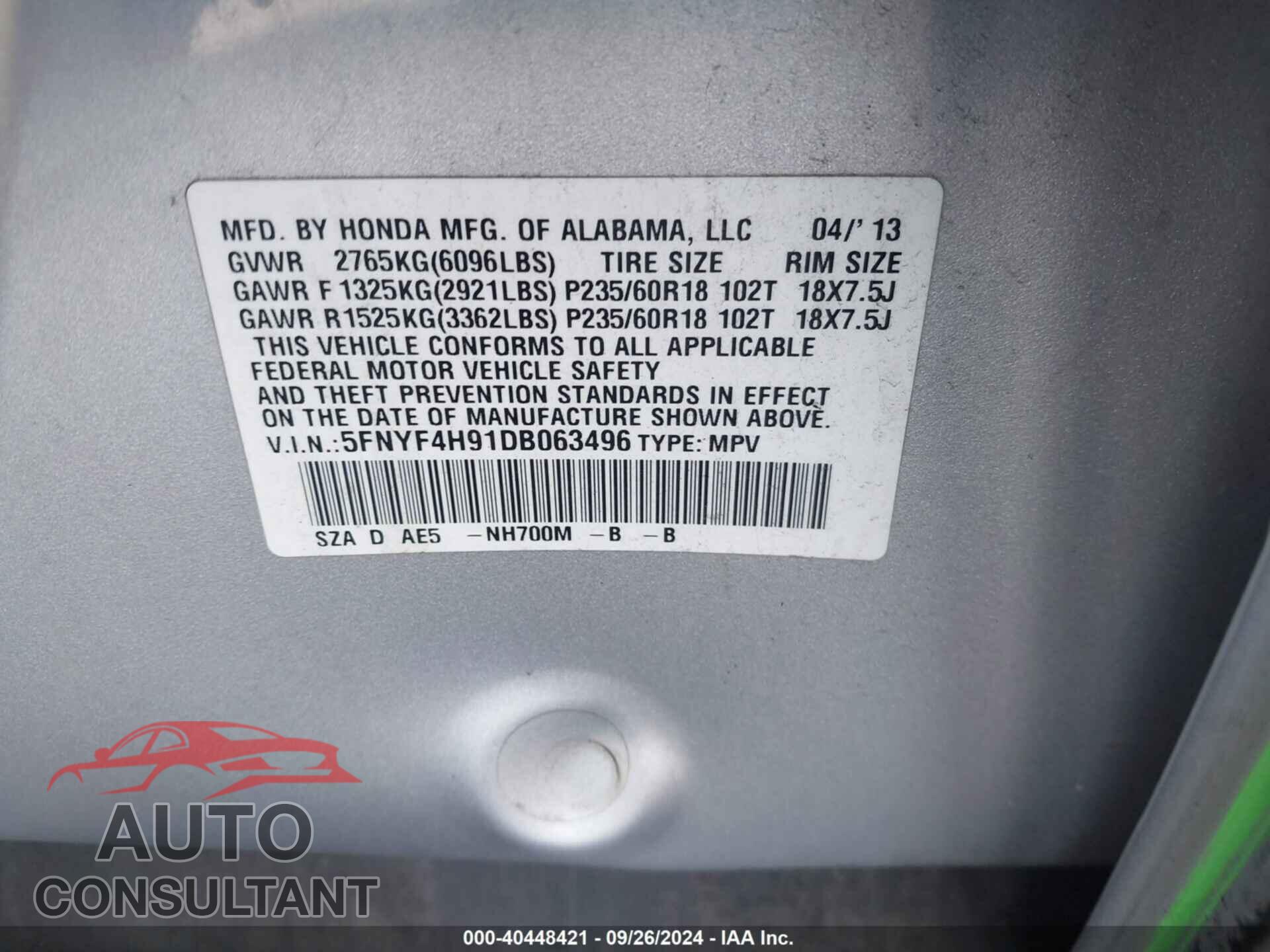 HONDA PILOT 2013 - 5FNYF4H91DB063496