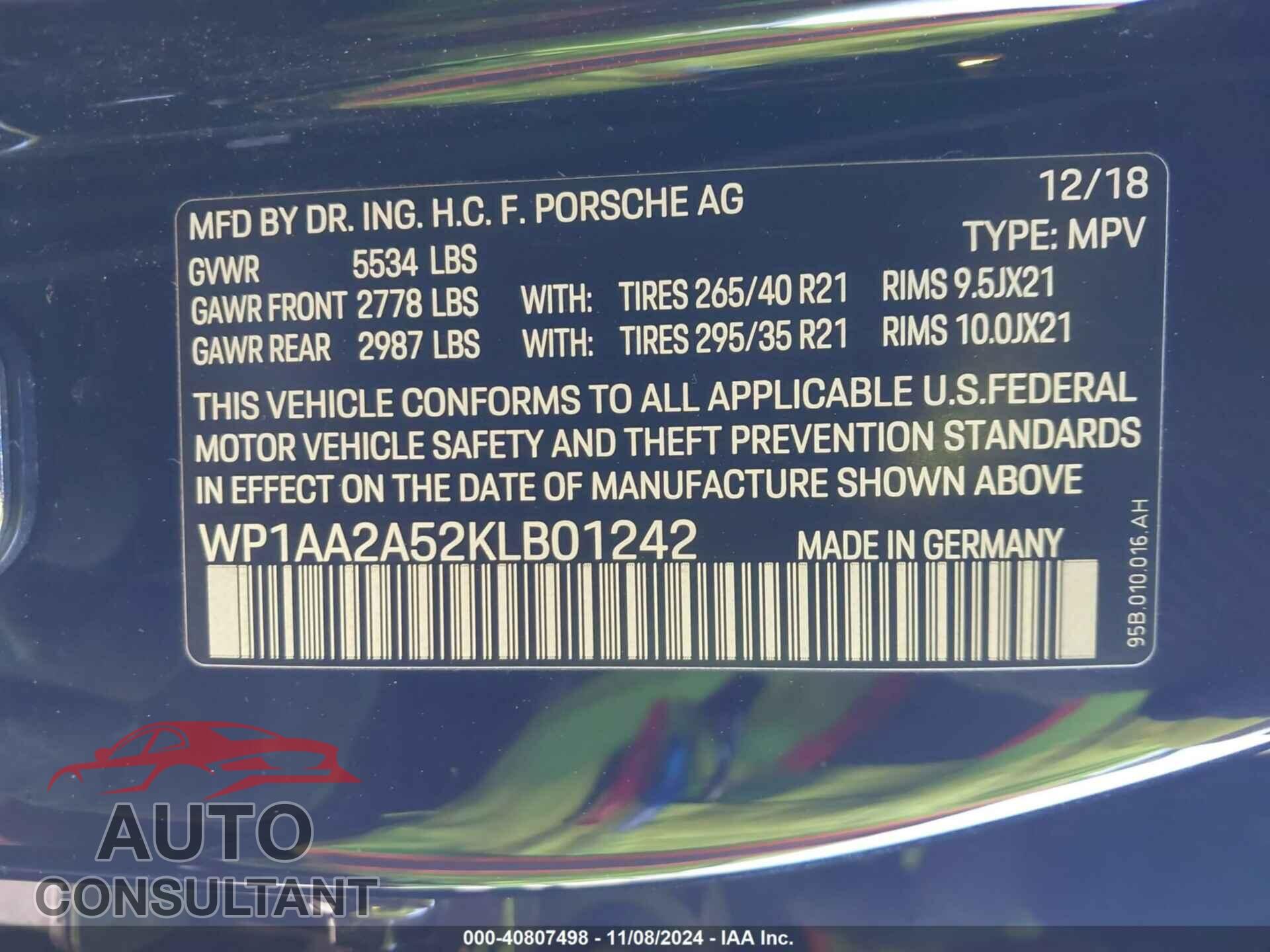 PORSCHE MACAN 2019 - WP1AA2A52KLB01242